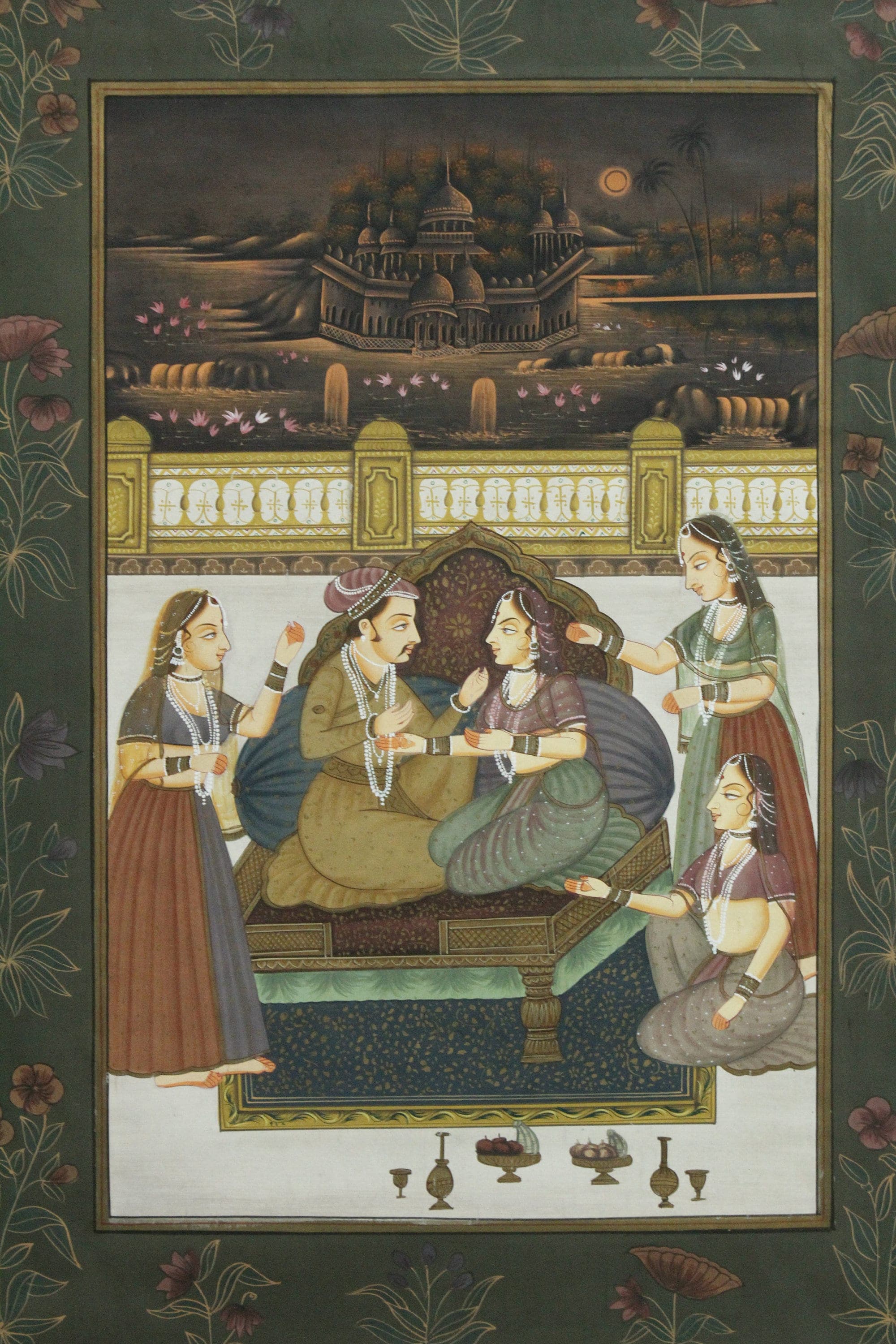Indian Miniature Painting: King and Queen Love Scene on Silk (16x22 inches)