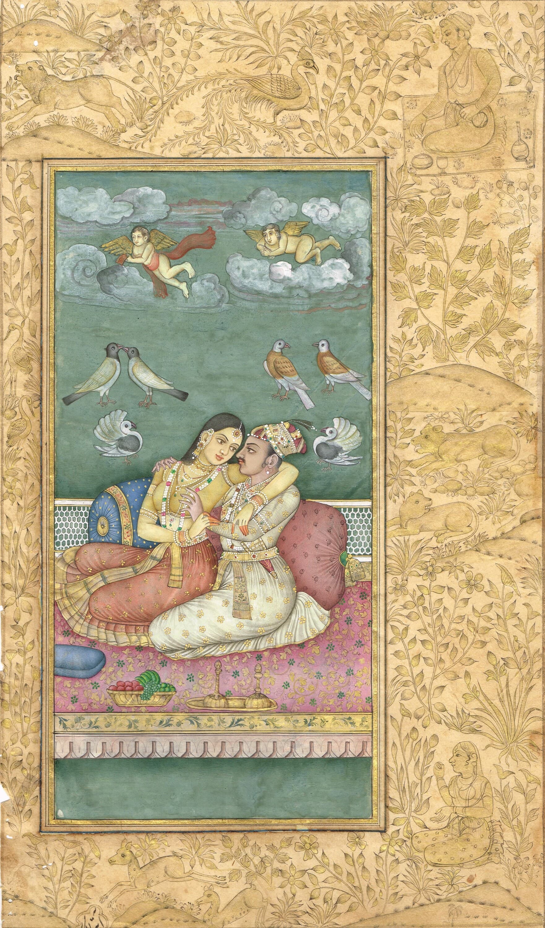 Mughal Miniature Painting: Akbar and Jodha Bai Love Scene (6x10 Inches) - image 3