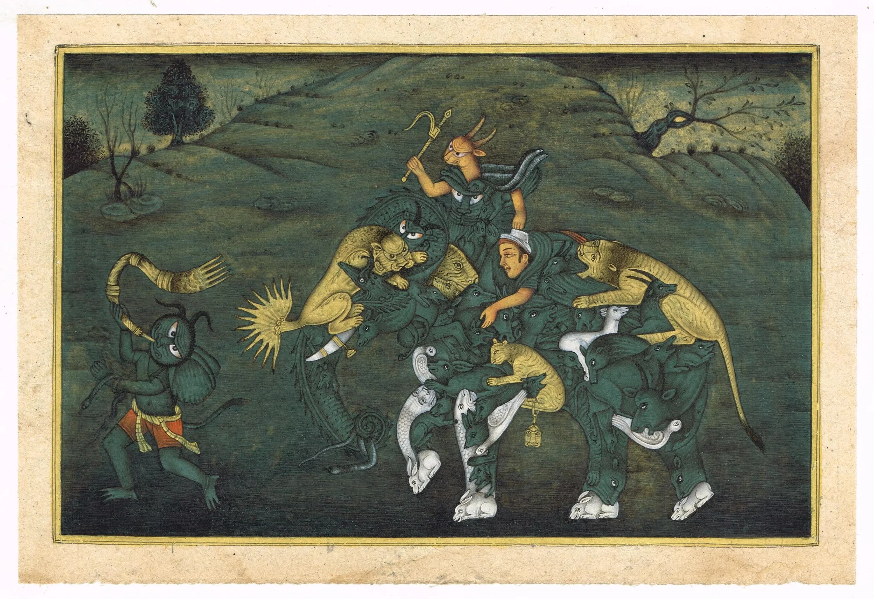 Vintage Indian Miniature Painting | Demon Riding Assembled Elephant Art