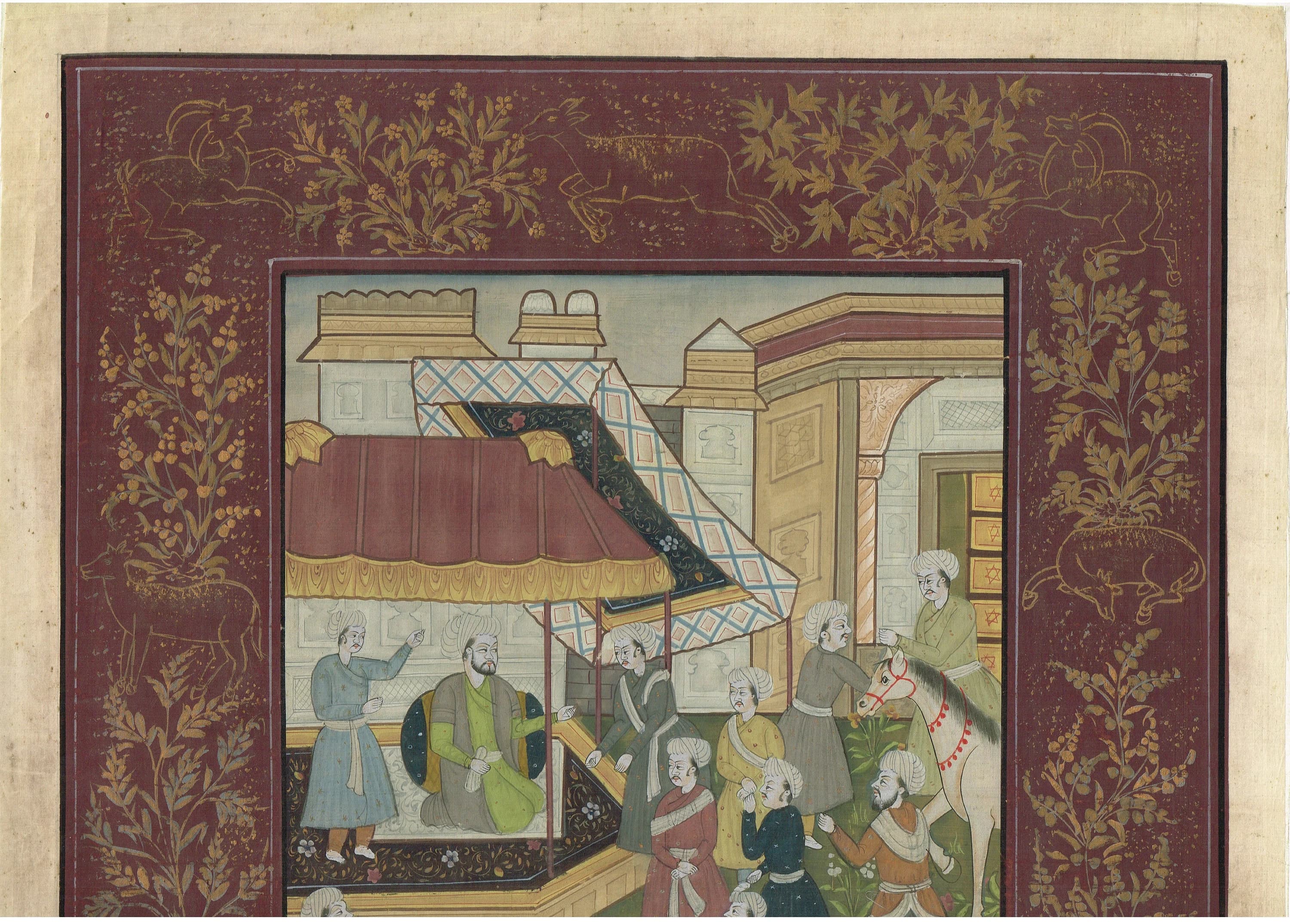 Vintage Persian Miniature Art Painting: Darbar Court Scene on Silk (16x21.5 Inches) - image 4