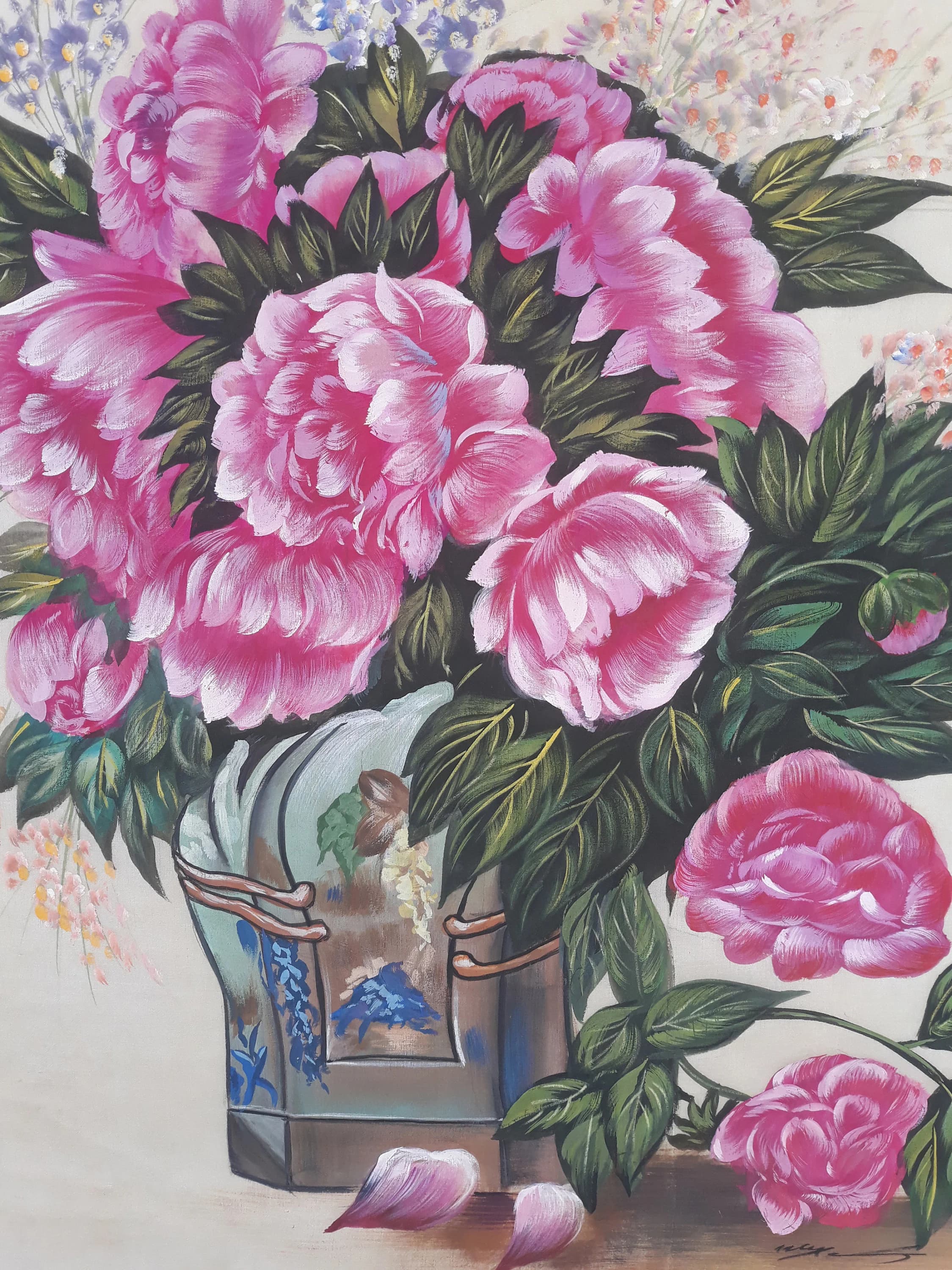 Pink Rose Painting on Silk: Handmade Floral Wall Art (22x27 Inches) - image 3