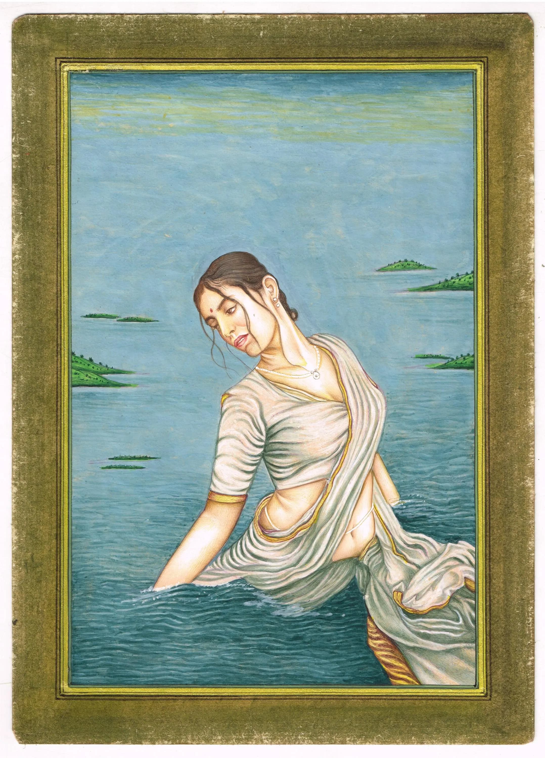 Handmade Lady Painting Of A Woman Enjoying In The Lake Fine Art On Paper For Wall 7x10 Inches | Indian Lady Painting For Wall Hanging Gift