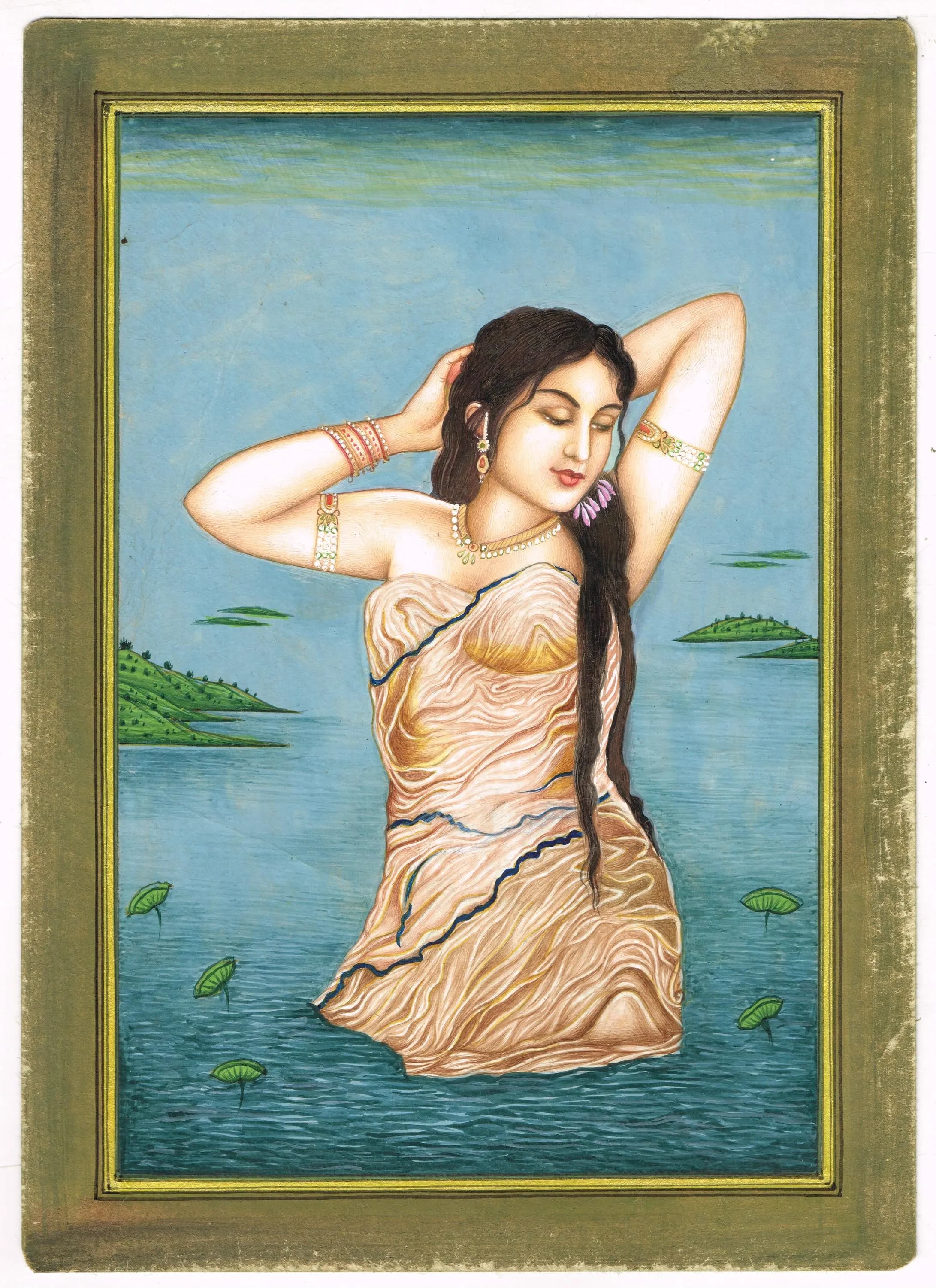Handmade Indian Miniature Painting: Woman in Lake with Lotus (7x10 Inches)