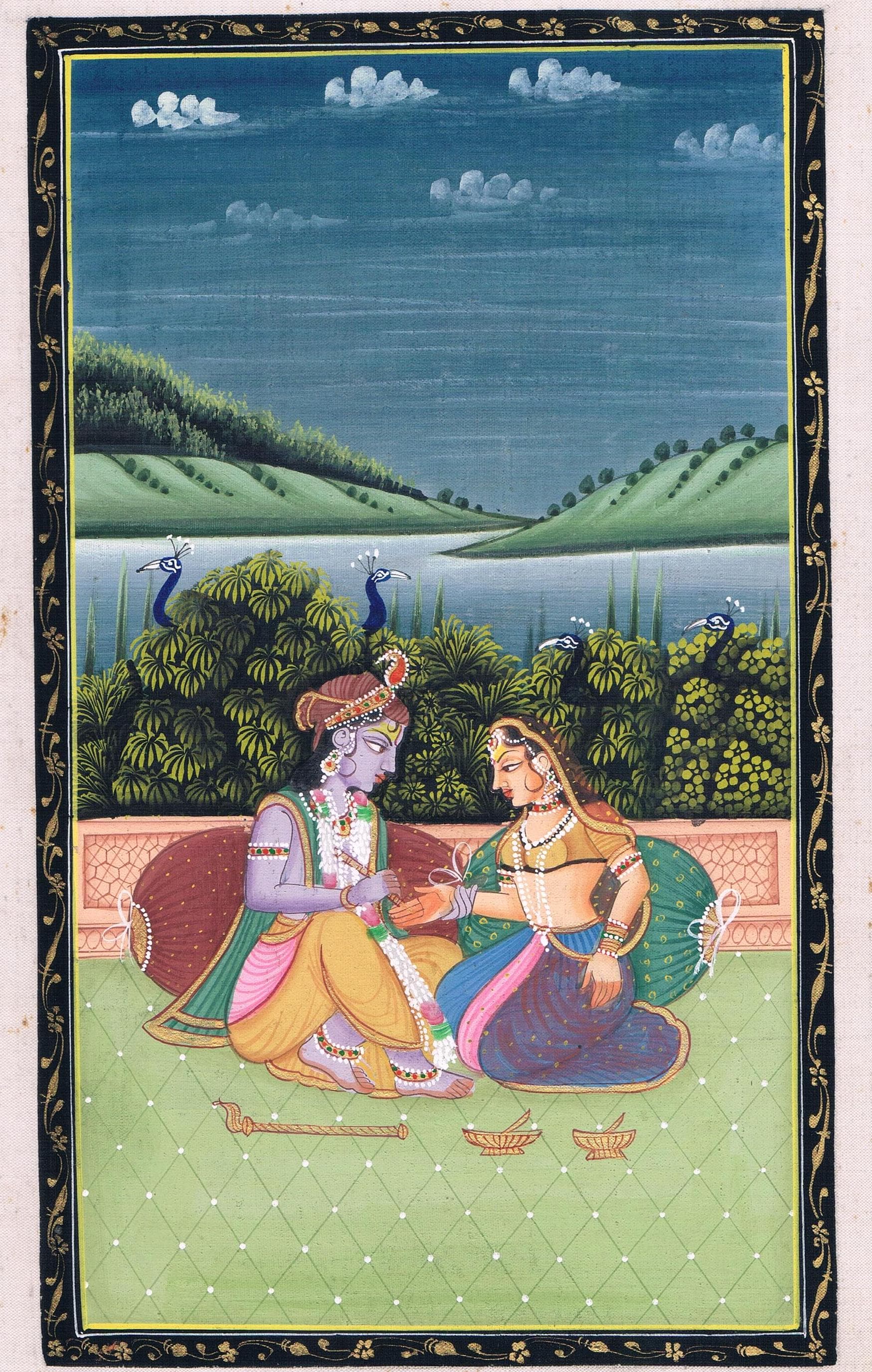 Radha Krishna Painting: Hand Miniature Indian Art on Silk (7x11 Inches) - image 3