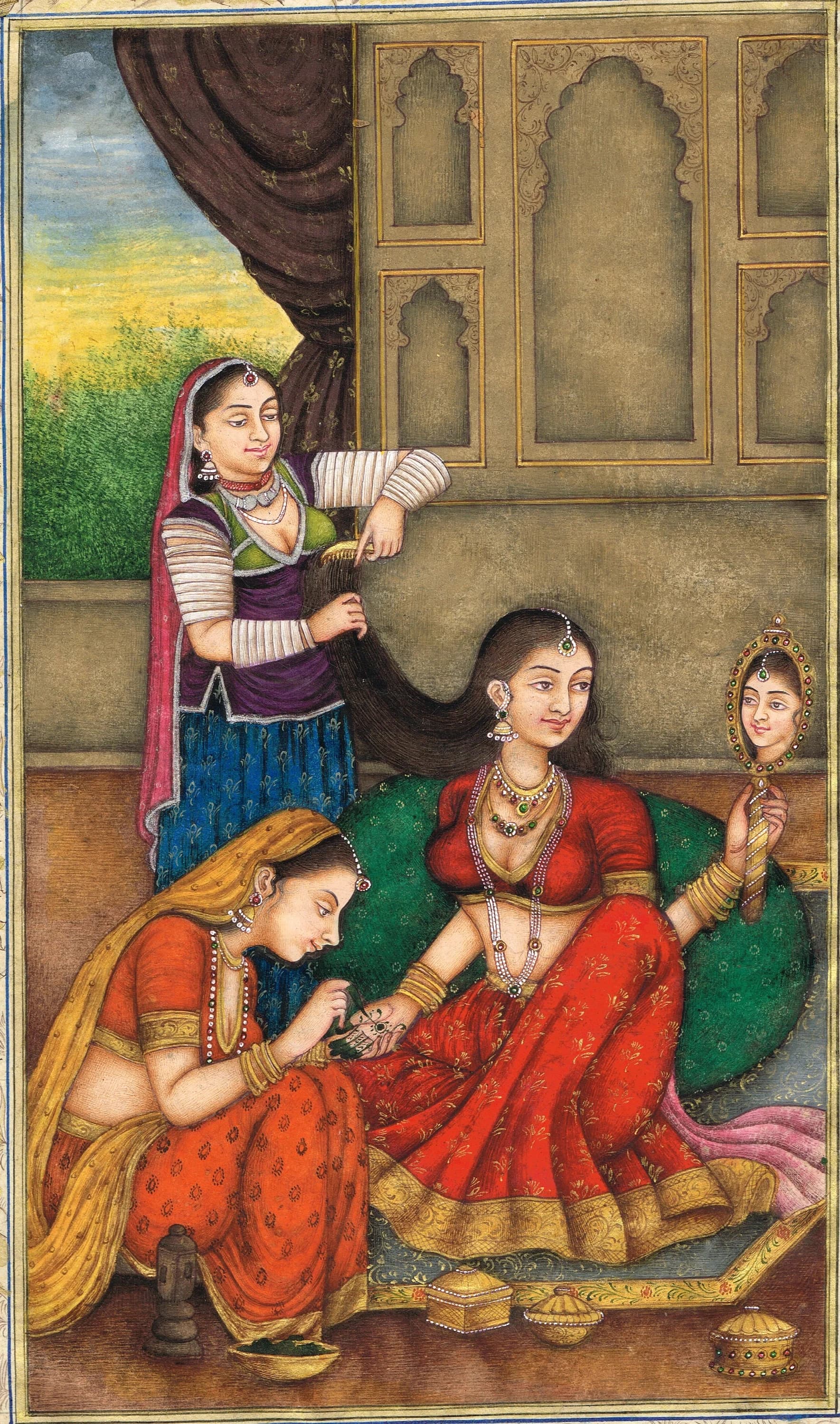 Rajasthani Miniature Painting – Rajput Queen Getting Ready, Indian Makeup Art (7.5x11 Inches) - image 4