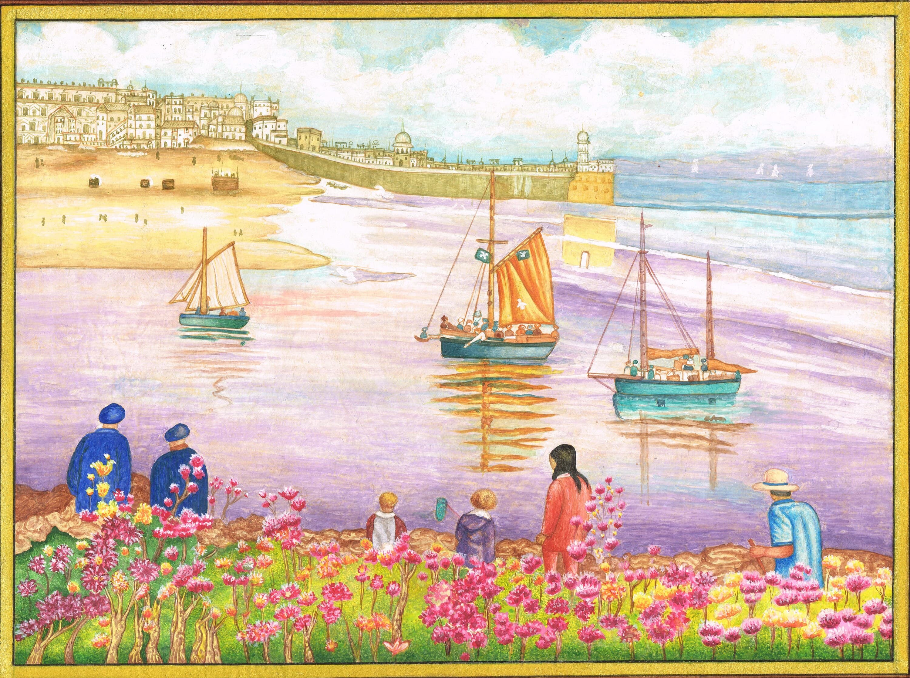 Handmade Folk Art Painting: Coastal Scene with Gold Ink (13.5x10.5 Inches) - image 4