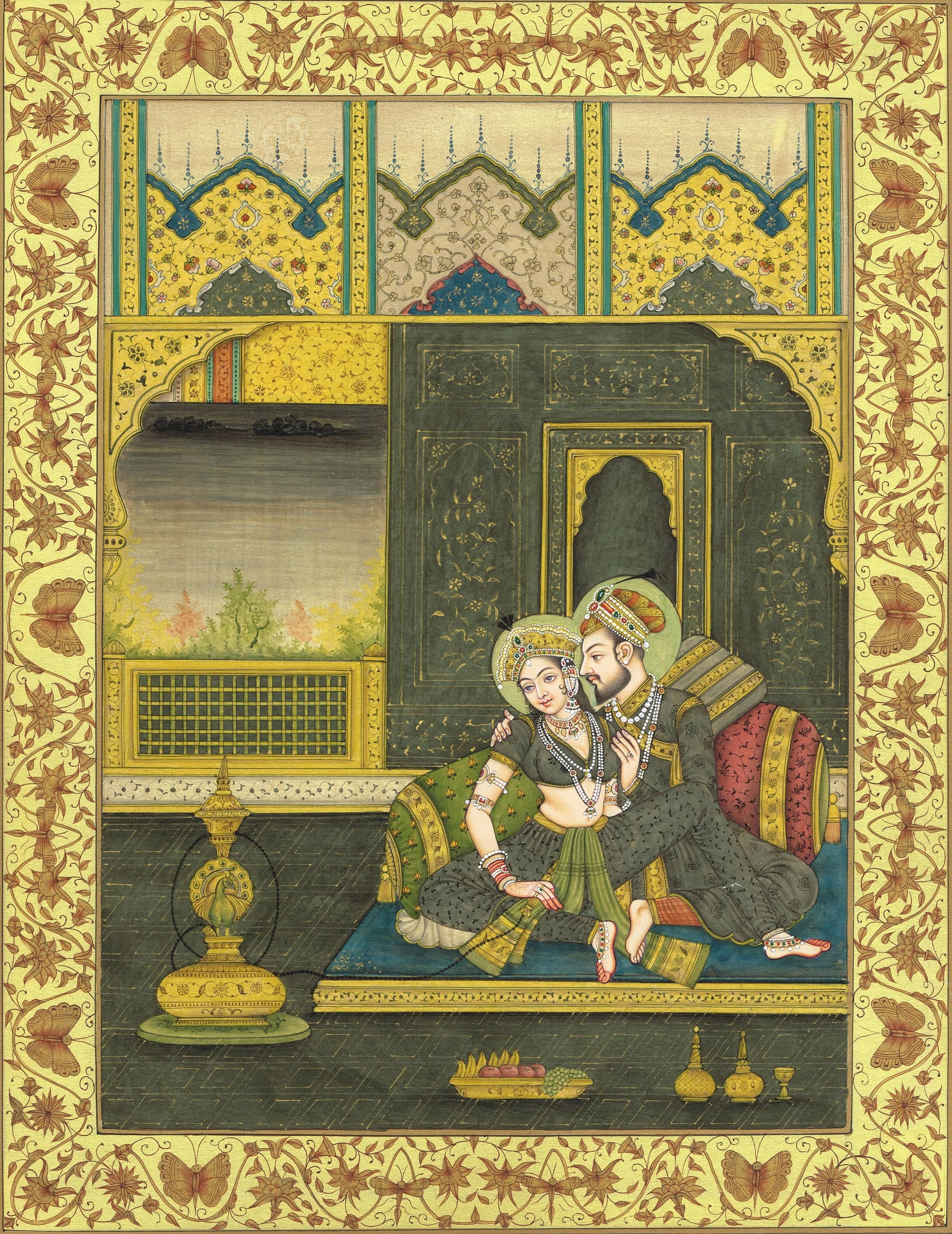 India Miniature Painting Of Mughal Emperor Shahjahan & Empress Mumtaz Mahal Love Scene Art On Paper | Indian Mughal Art Painting For Wall - image 4