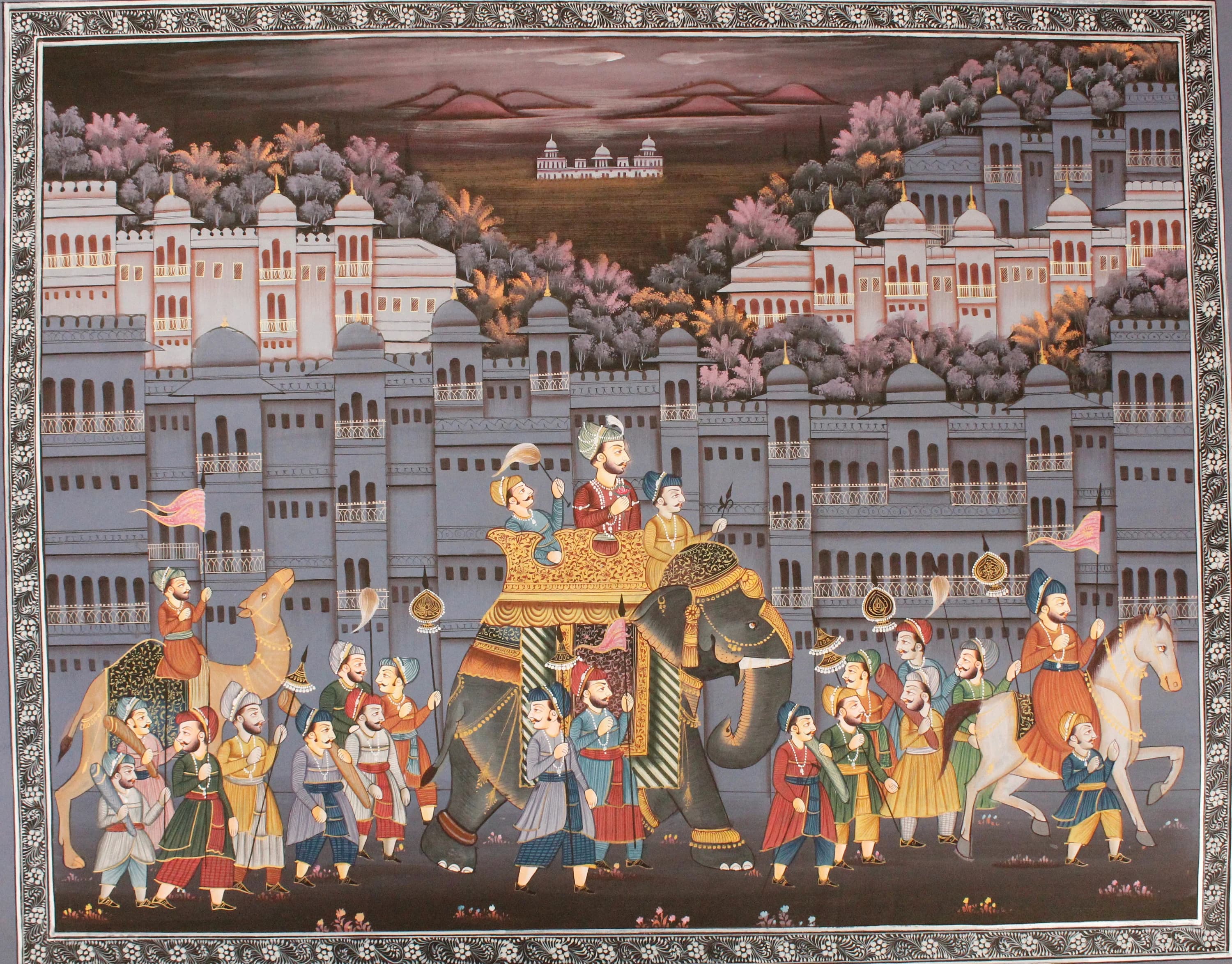 Indian Miniature Painting Of Maharaja Royal Procession Art On Silk Cloth 22x18 Inches | Rajput Maharaja Procession Painting For Wall Decor - image 4