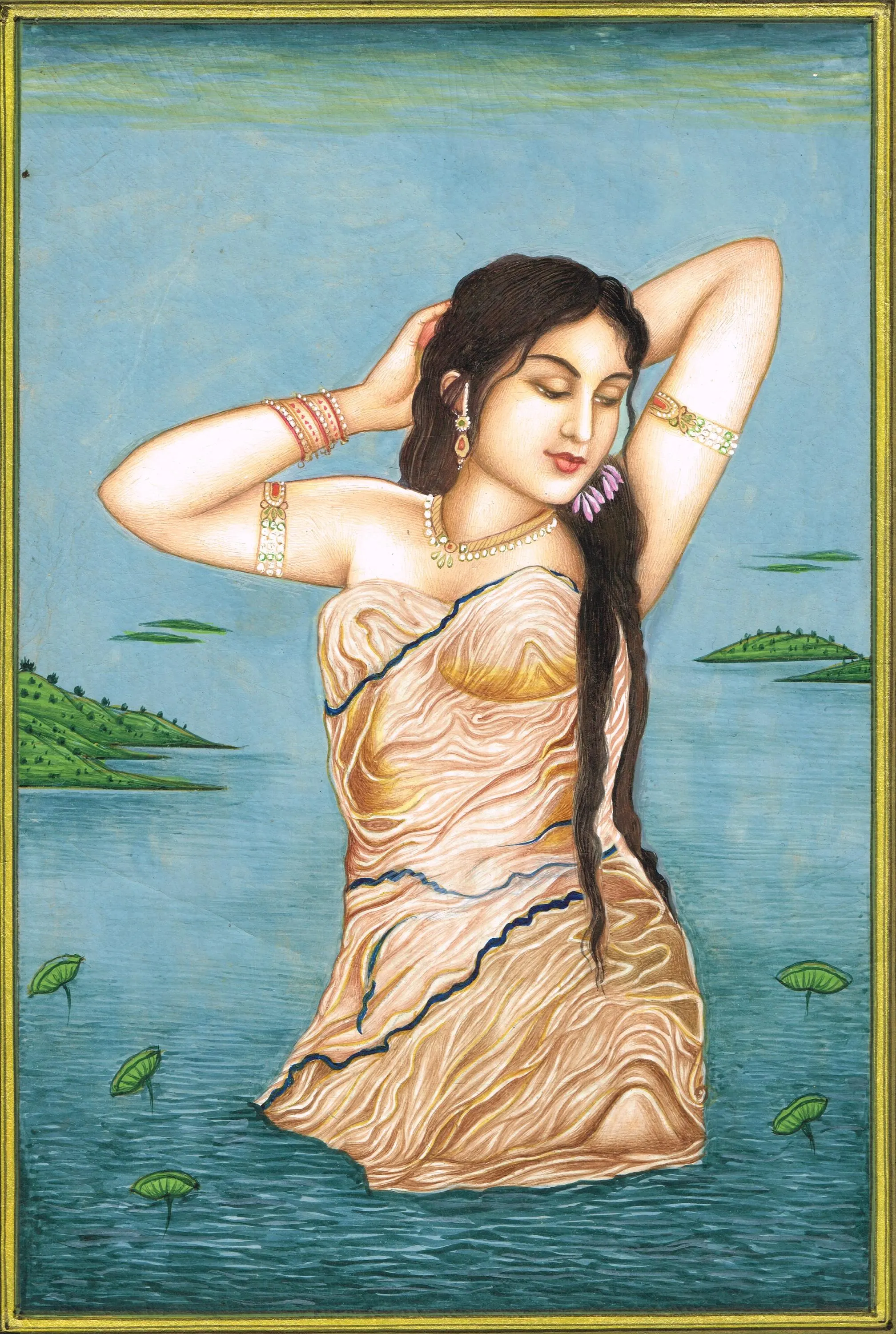 Handmade Indian Miniature Painting: Woman in Lake with Lotus (7x10 Inches) - image 4