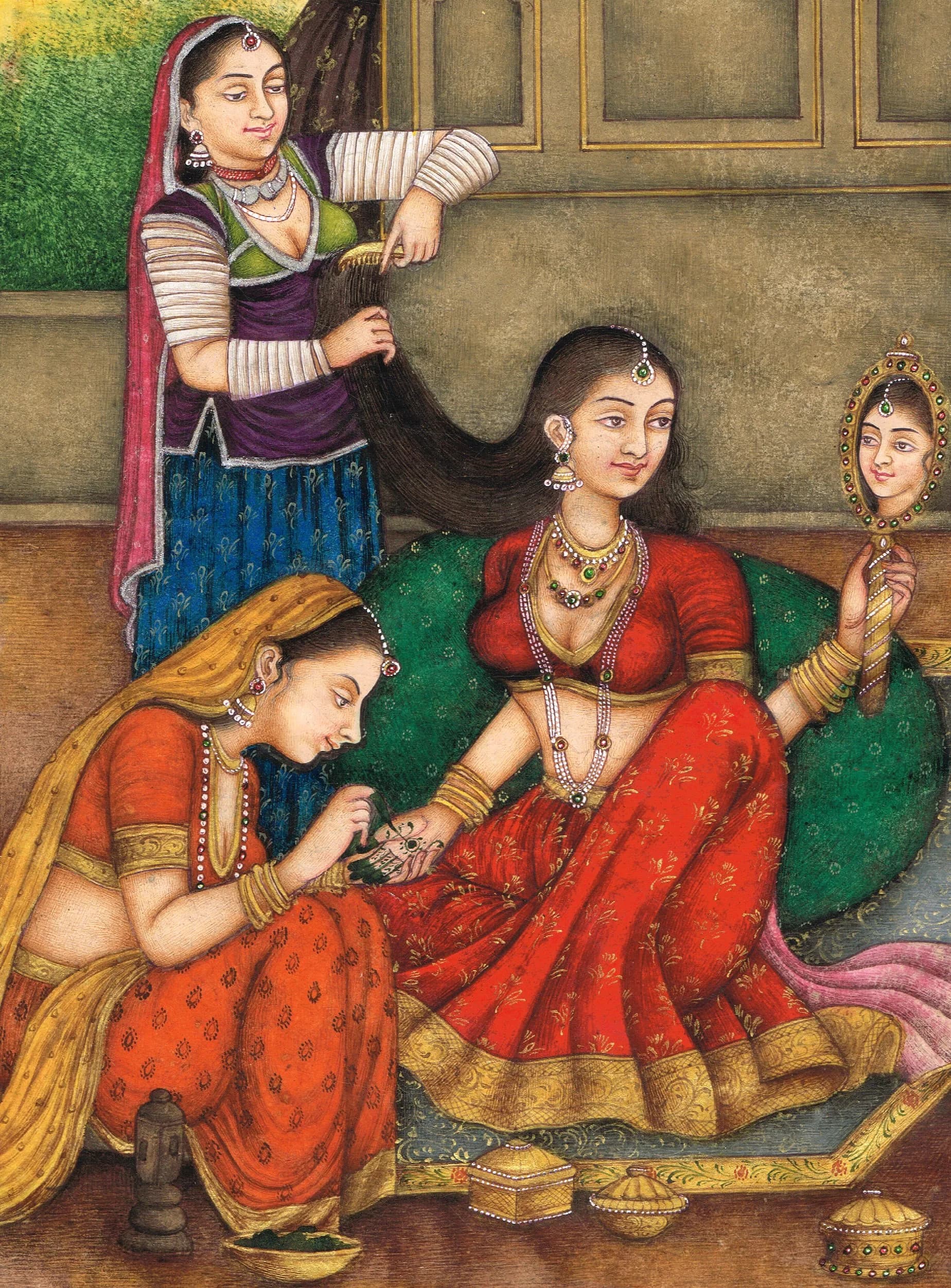 Rajasthani Miniature Painting – Rajput Queen Getting Ready, Indian Makeup Art (7.5x11 Inches) - image 5