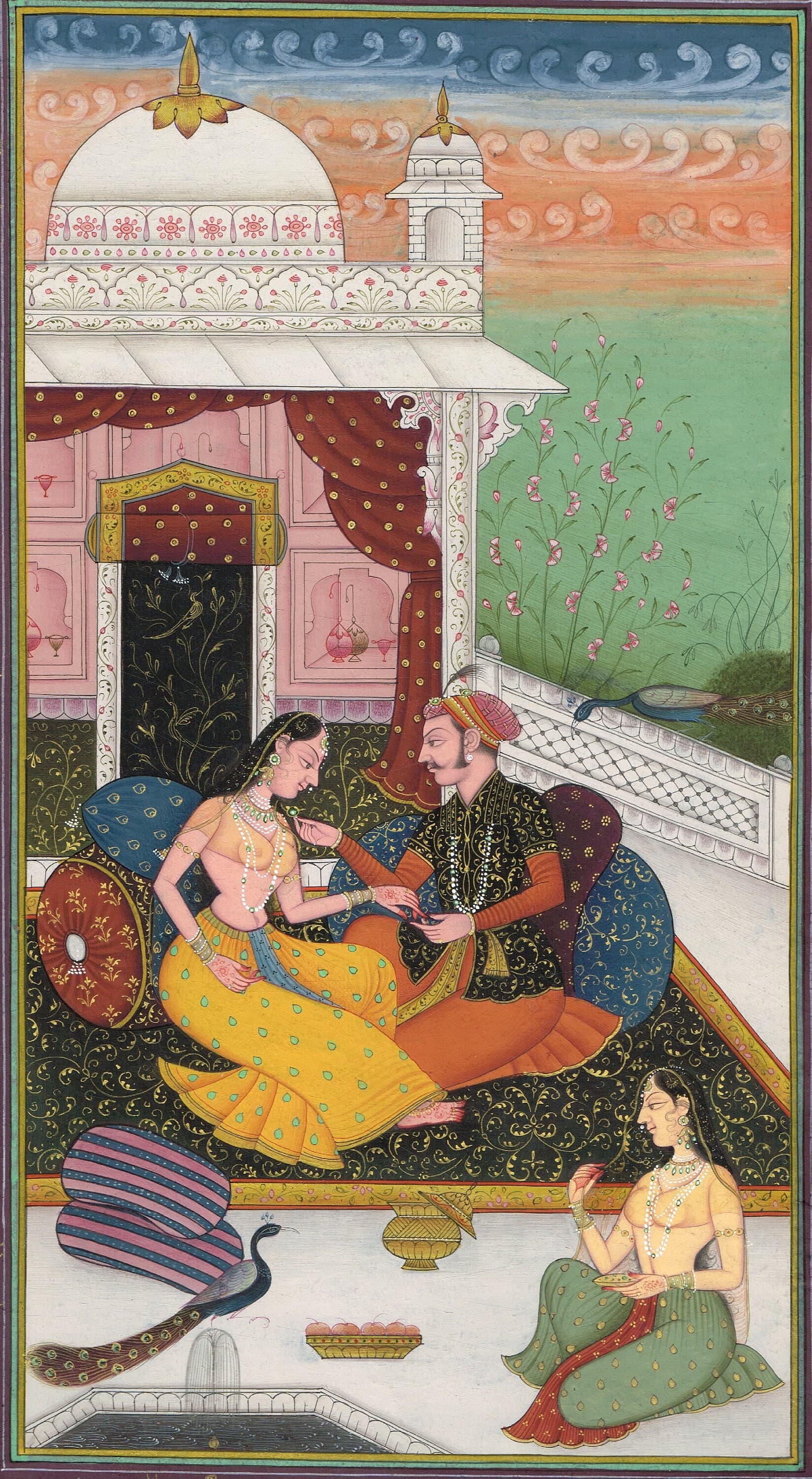 Vintage Mughal Art: Indian King and Queen Love Scene Miniature Painting - image 2