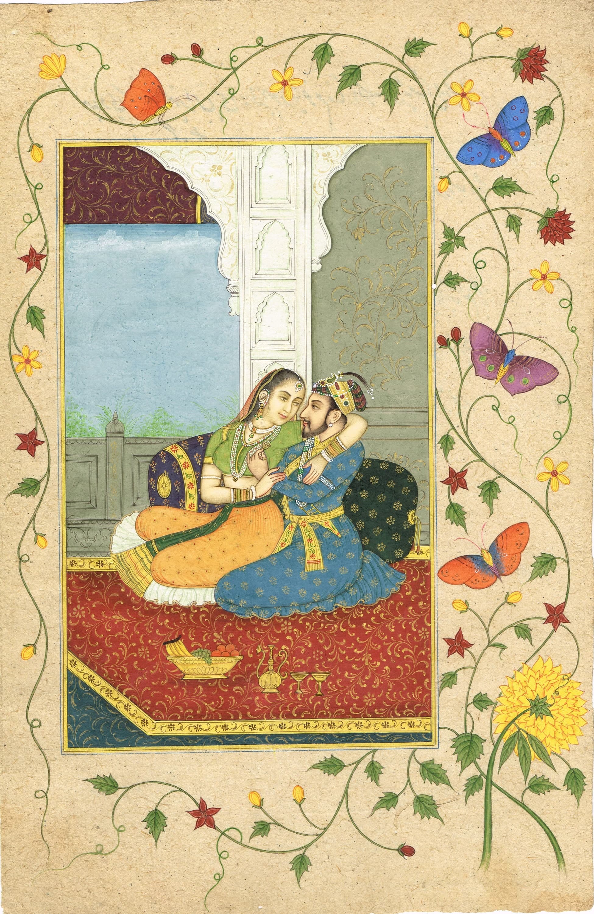 Mughal Art Painting: Shahjahan and Mumtaz Love Scene, Vintage Indian Miniature - image 3