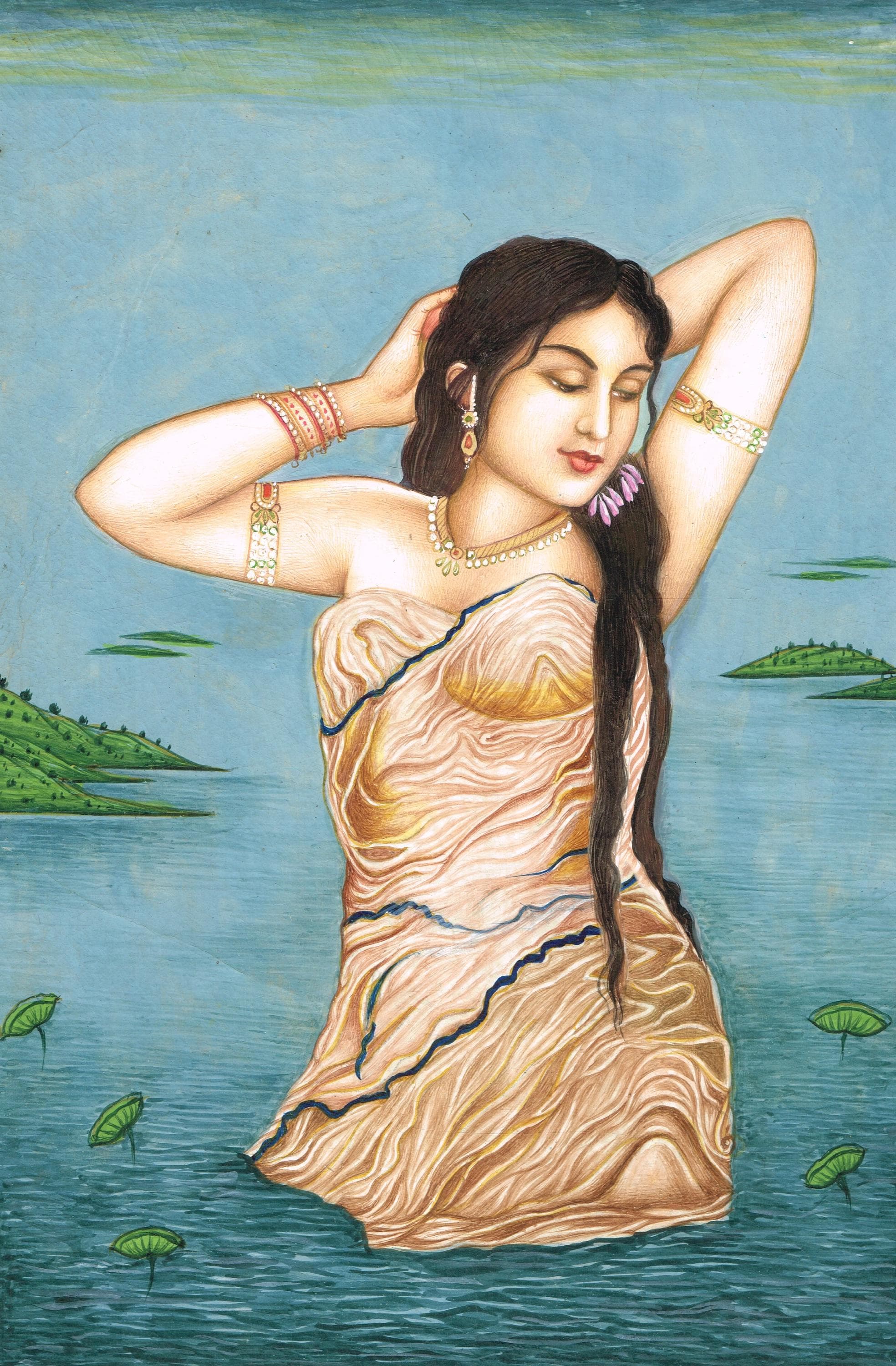 Handmade Indian Miniature Painting: Woman in Lake with Lotus (7x10 Inches) - image 5
