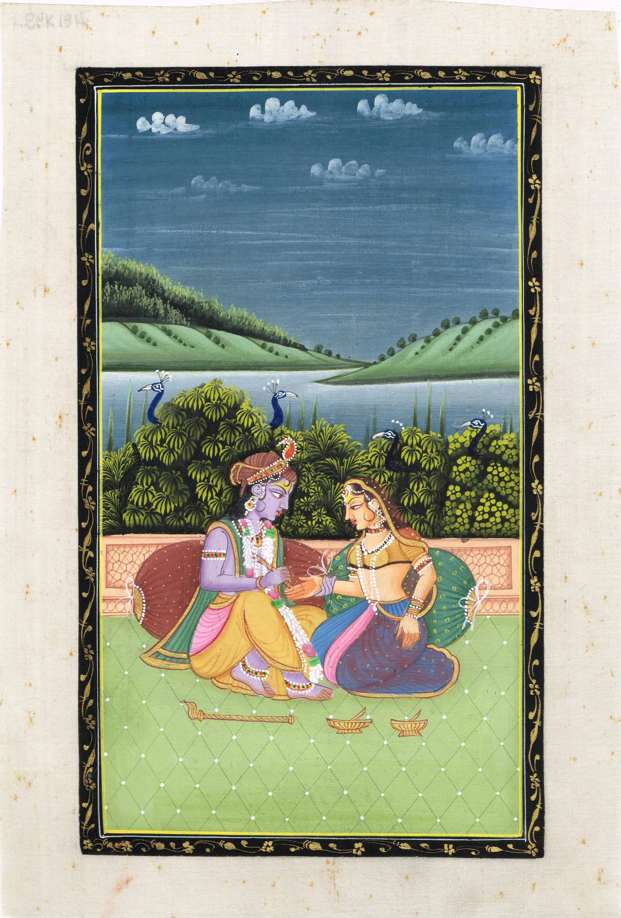 Radha Krishna Painting: Hand Miniature Indian Art on Silk (7x11 Inches)