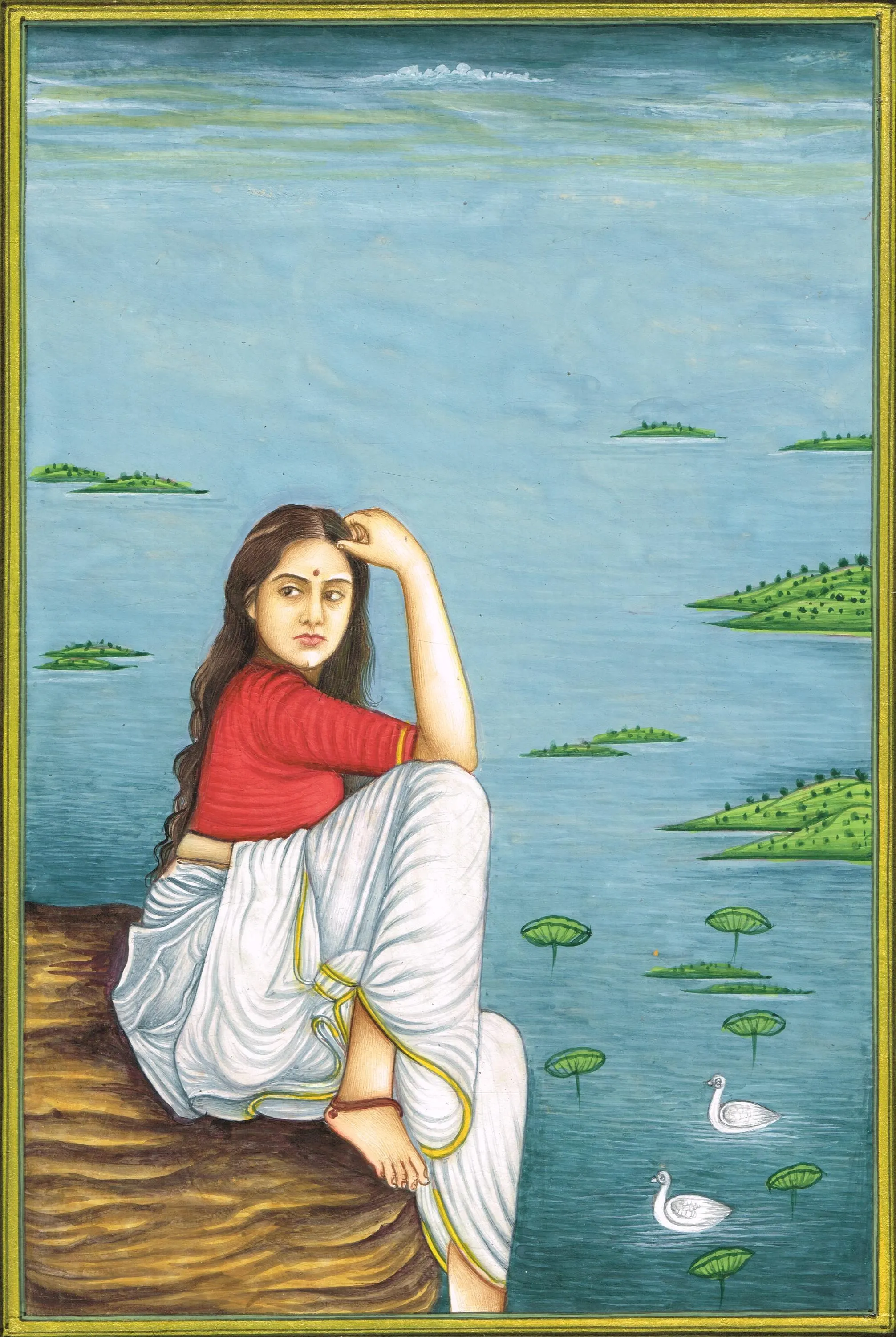 Handmade Indian Miniature Painting: Woman by Lake, Fine Art (7x10 Inches) - image 4