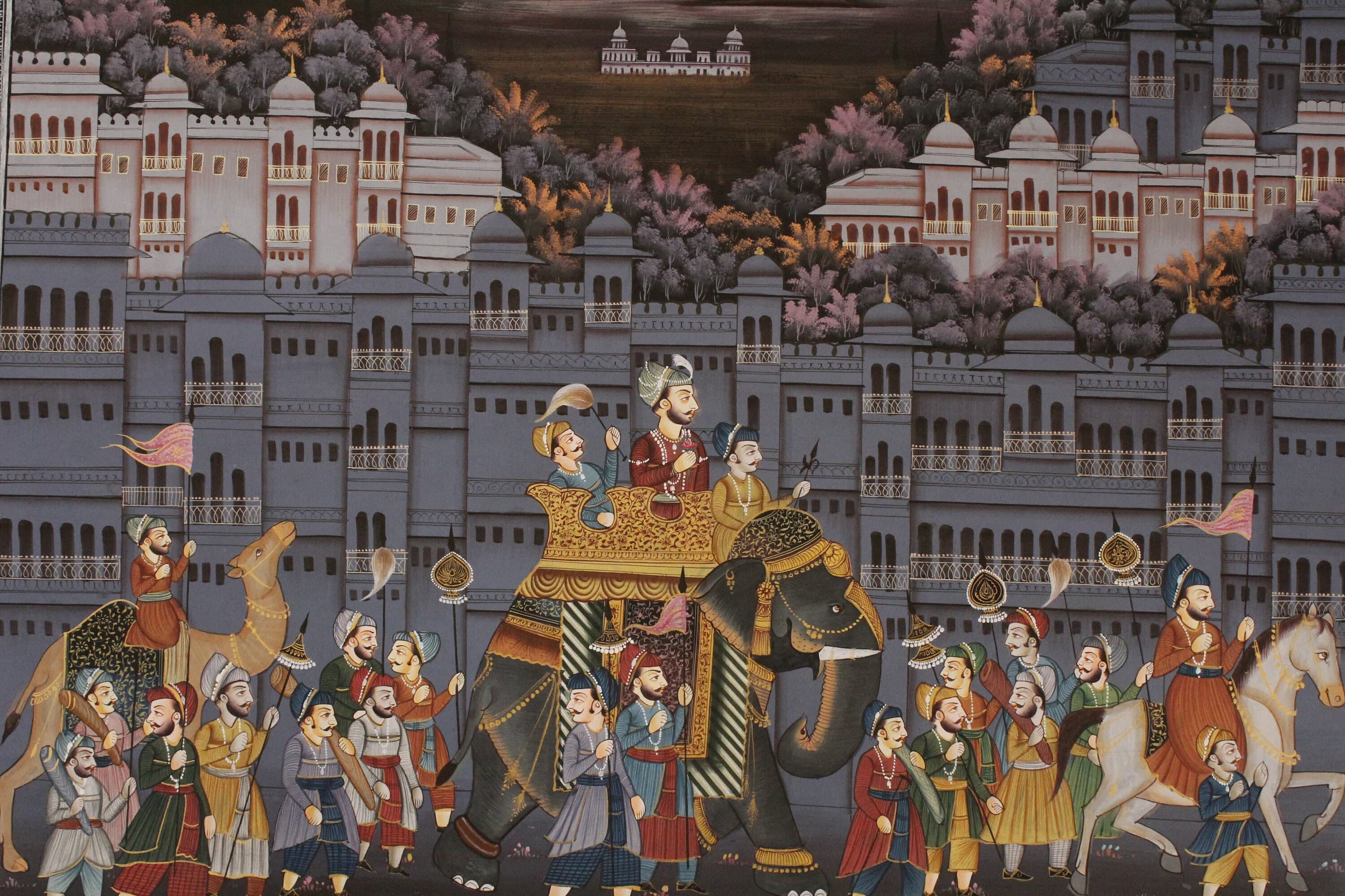 Indian Miniature Painting Of Maharaja Royal Procession Art On Silk Cloth 22x18 Inches | Rajput Maharaja Procession Painting For Wall Decor - image 5