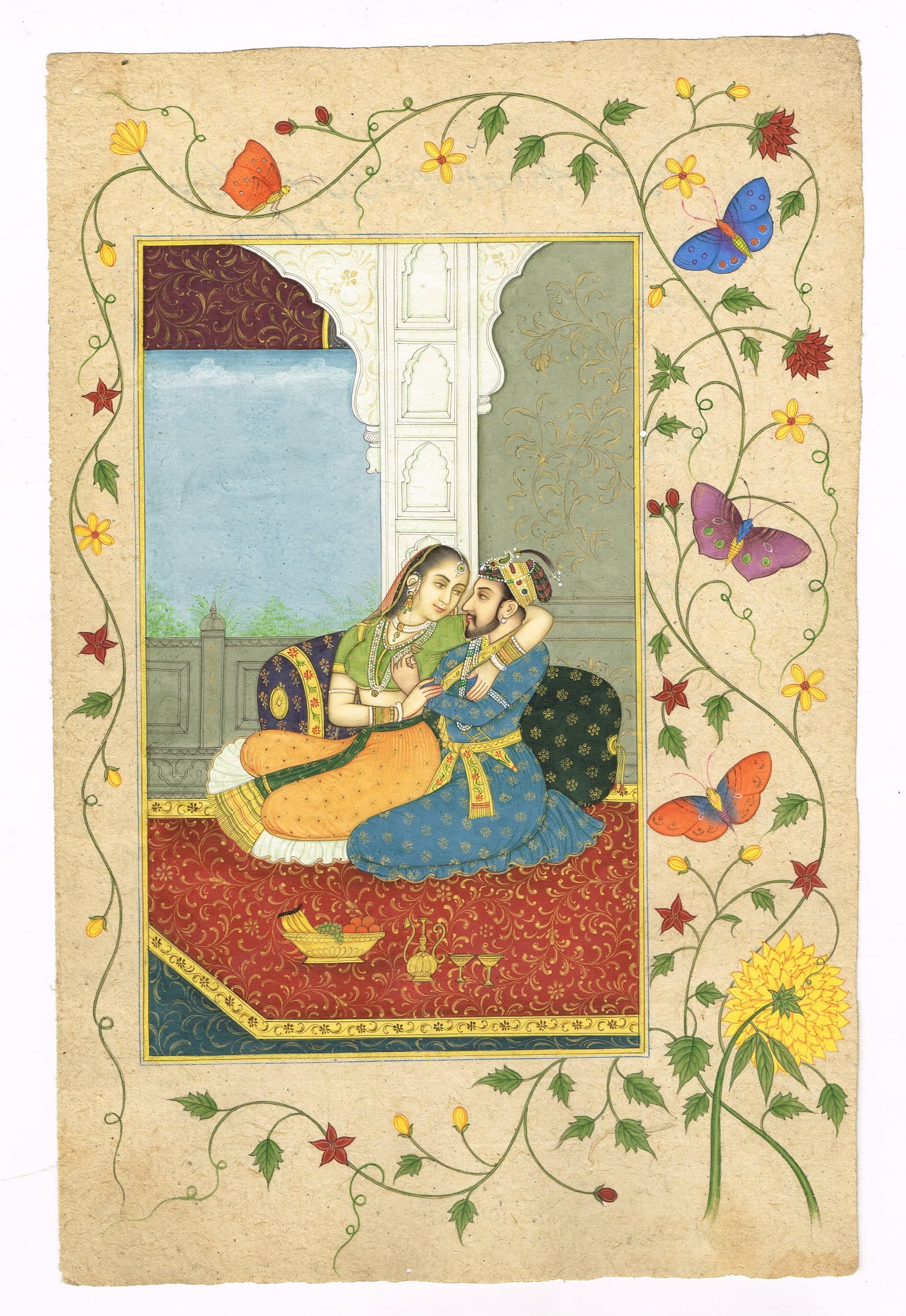 Mughal Art Painting: Shahjahan and Mumtaz Love Scene, Vintage Indian Miniature