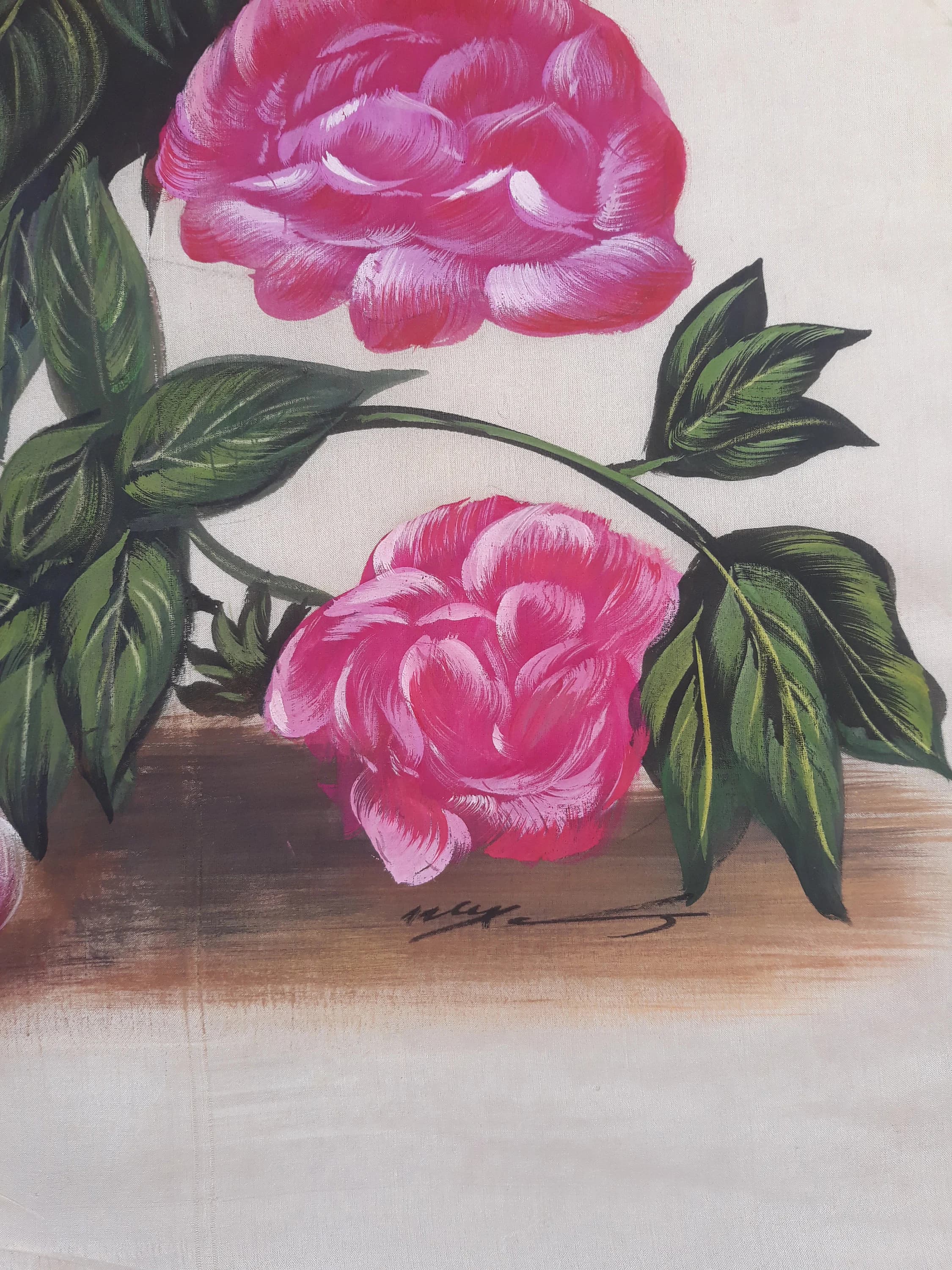 Pink Rose Painting on Silk: Handmade Floral Wall Art (22x27 Inches) - image 5