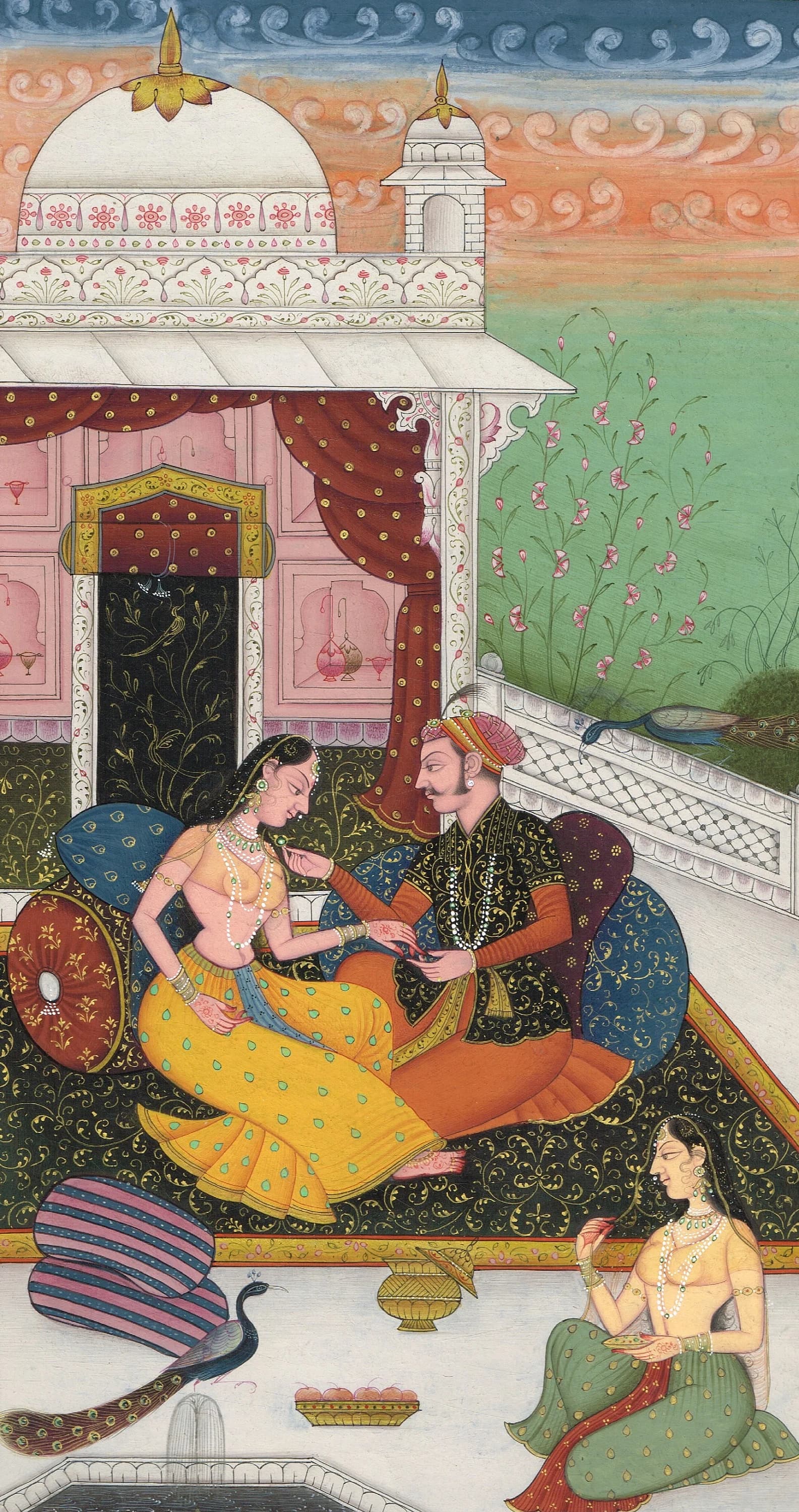 Vintage Mughal Art: Indian King and Queen Love Scene Miniature Painting - image 3