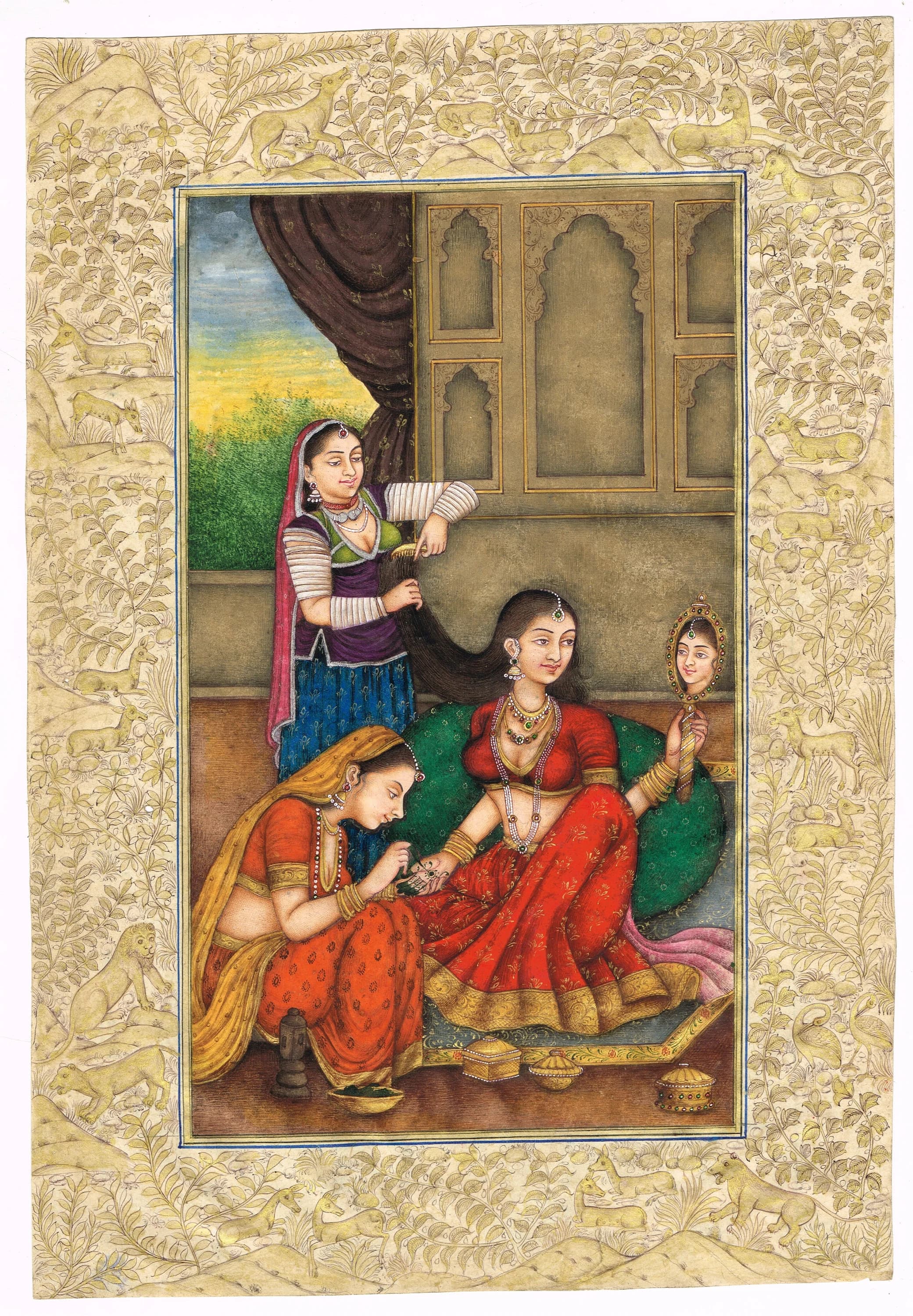 Rajasthani Miniature Painting – Rajput Queen Getting Ready, Indian Makeup Art (7.5x11 Inches)