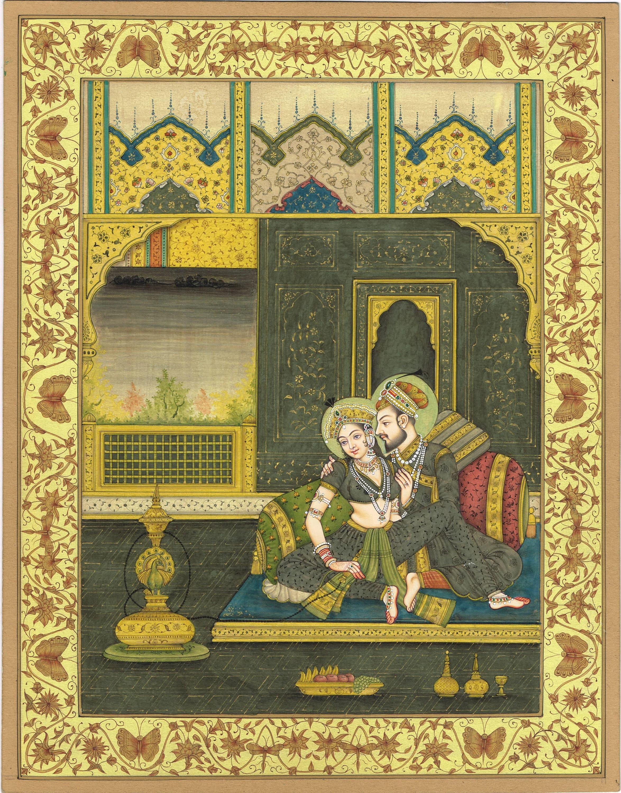 India Miniature Painting Of Mughal Emperor Shahjahan & Empress Mumtaz Mahal Love Scene Art On Paper | Indian Mughal Art Painting For Wall - image 3