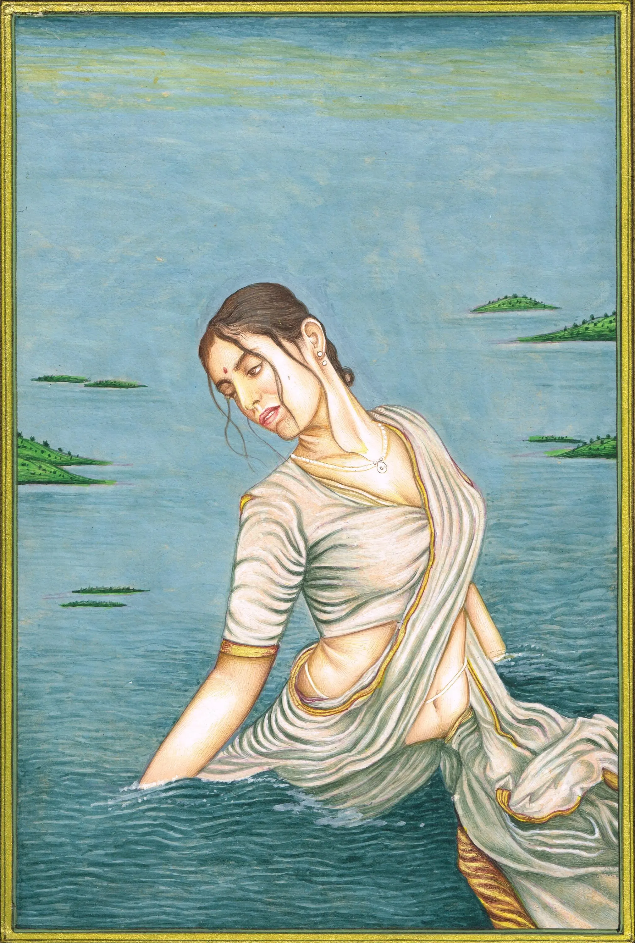 Handmade Lady Painting Of A Woman Enjoying In The Lake Fine Art On Paper For Wall 7x10 Inches | Indian Lady Painting For Wall Hanging Gift - image 4