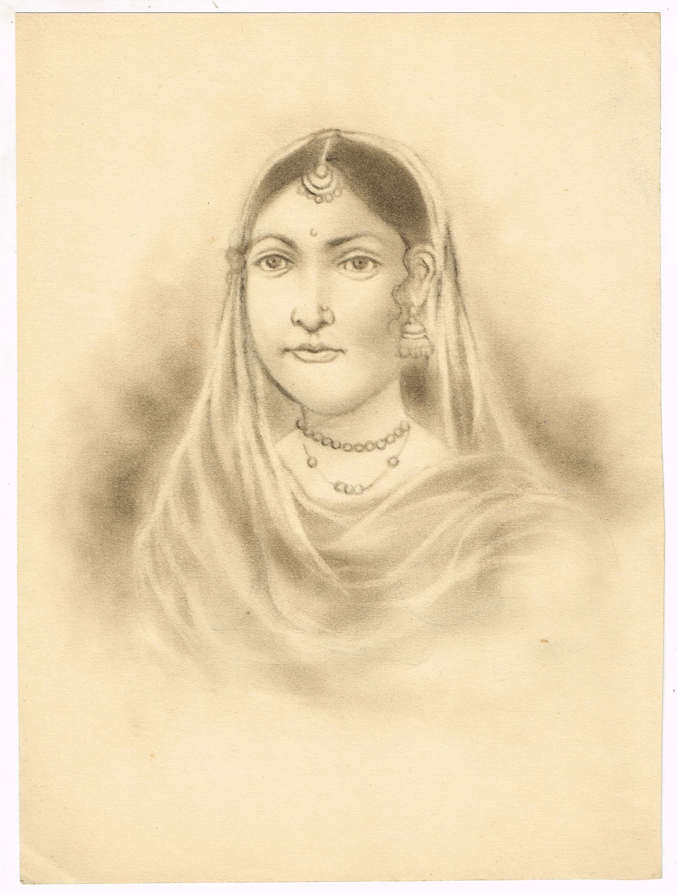 Vintage Indian Lady Sketch: Miniature Art Print (10.5x14.5 Inches)