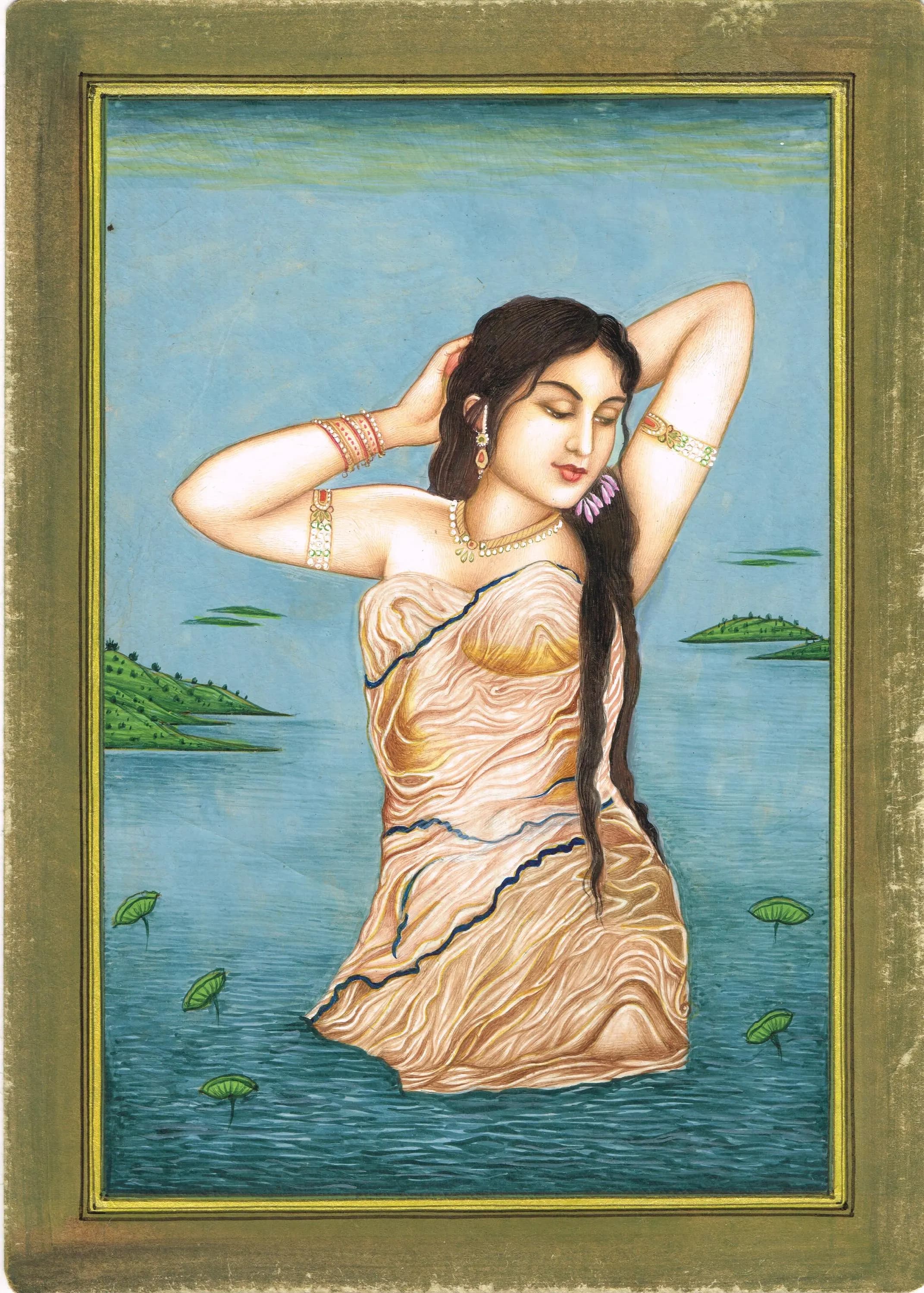 Handmade Indian Miniature Painting: Woman in Lake with Lotus (7x10 Inches) - image 3