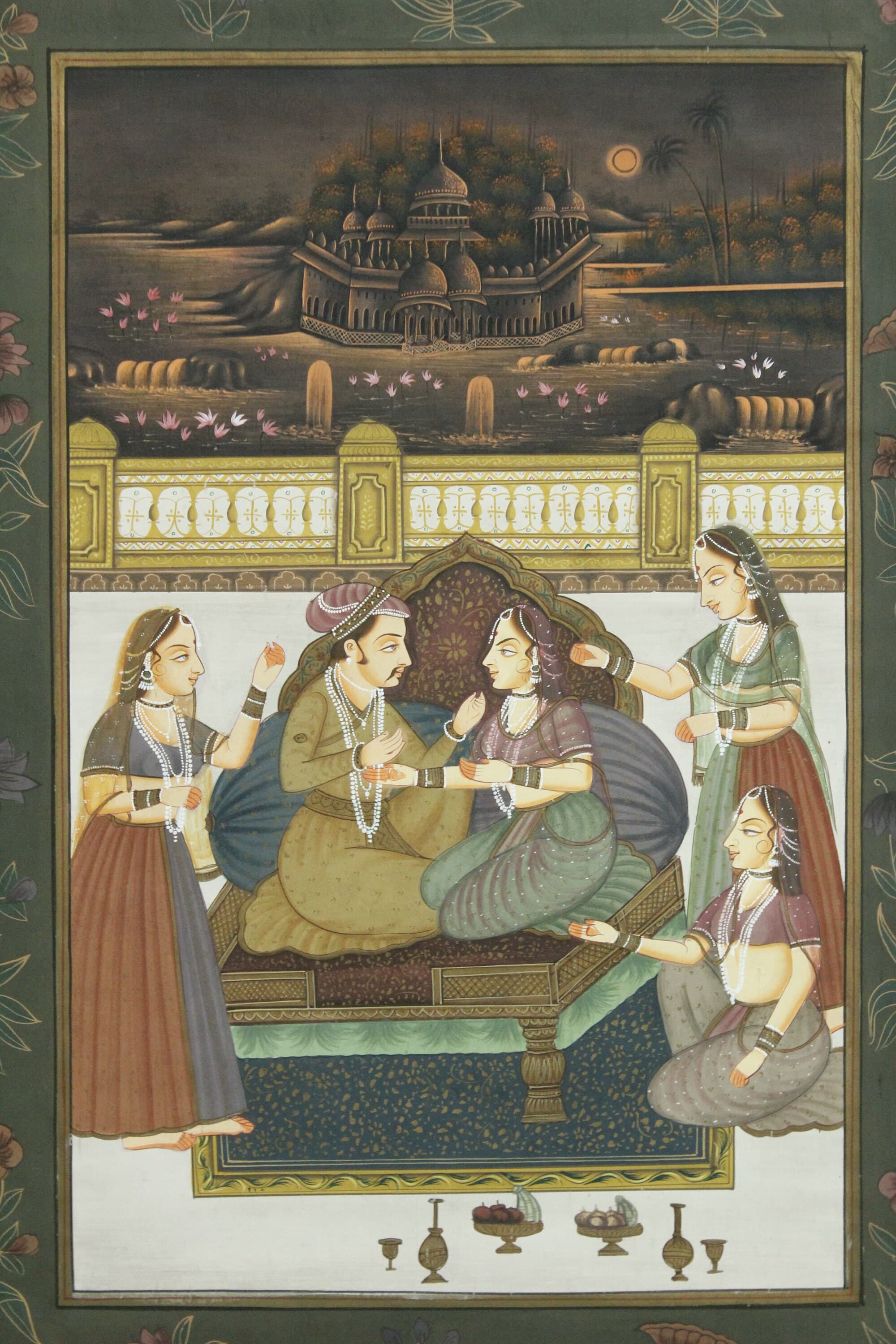Indian Miniature Painting: King and Queen Love Scene on Silk (16x22 inches) - image 4