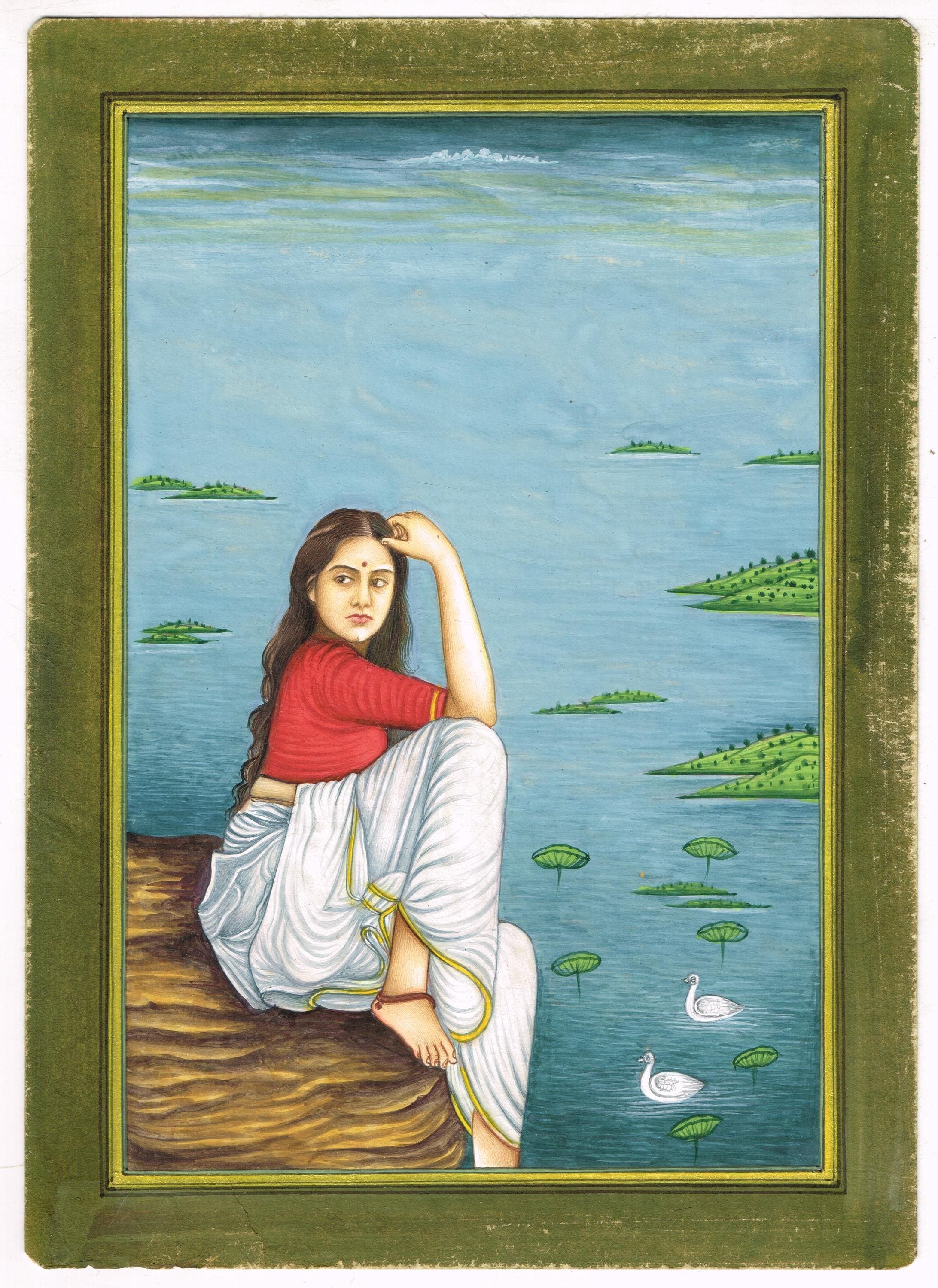 Handmade Indian Miniature Painting: Woman by Lake, Fine Art (7x10 Inches)