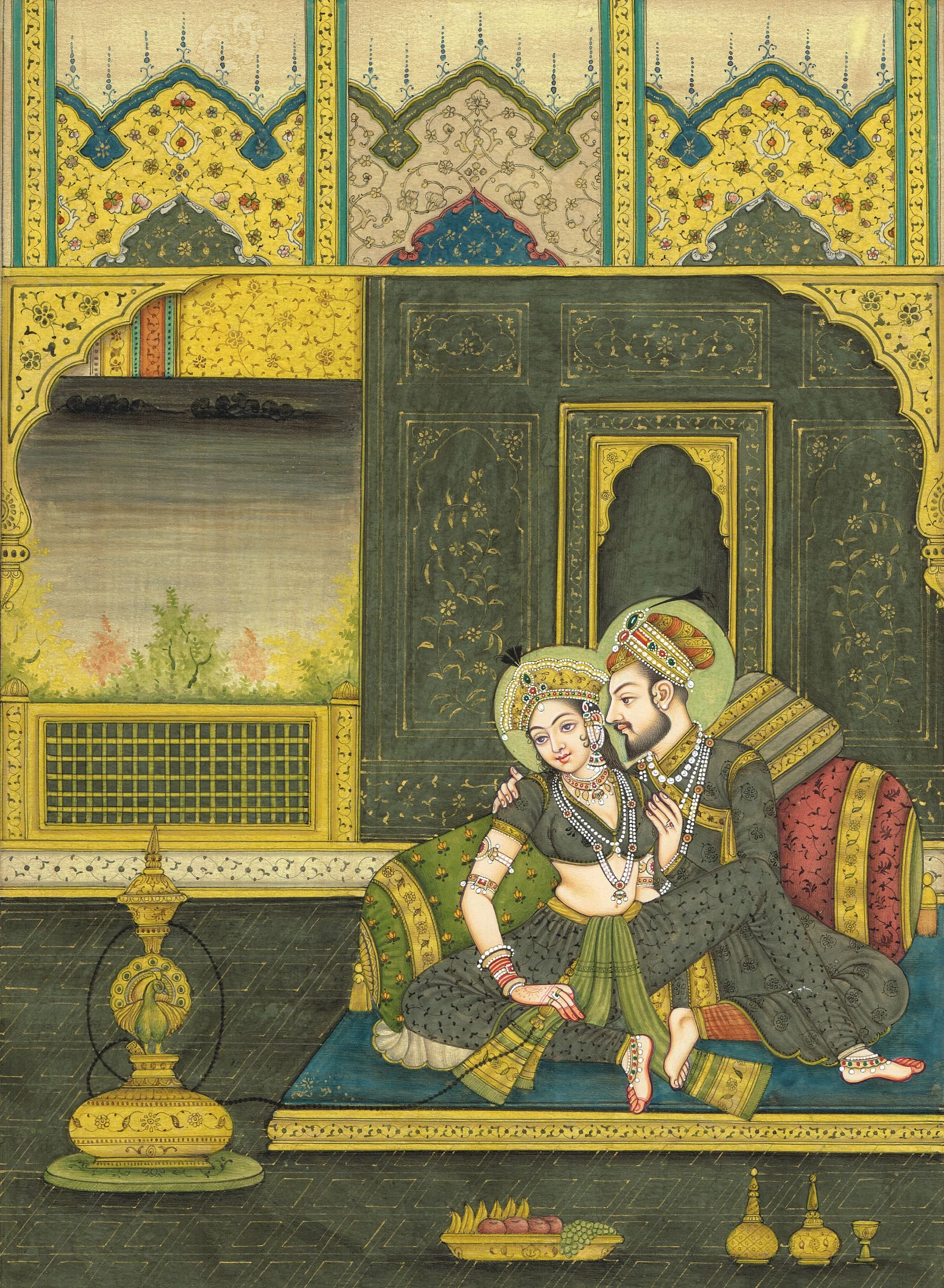 India Miniature Painting Of Mughal Emperor Shahjahan & Empress Mumtaz Mahal Love Scene Art On Paper | Indian Mughal Art Painting For Wall - image 5