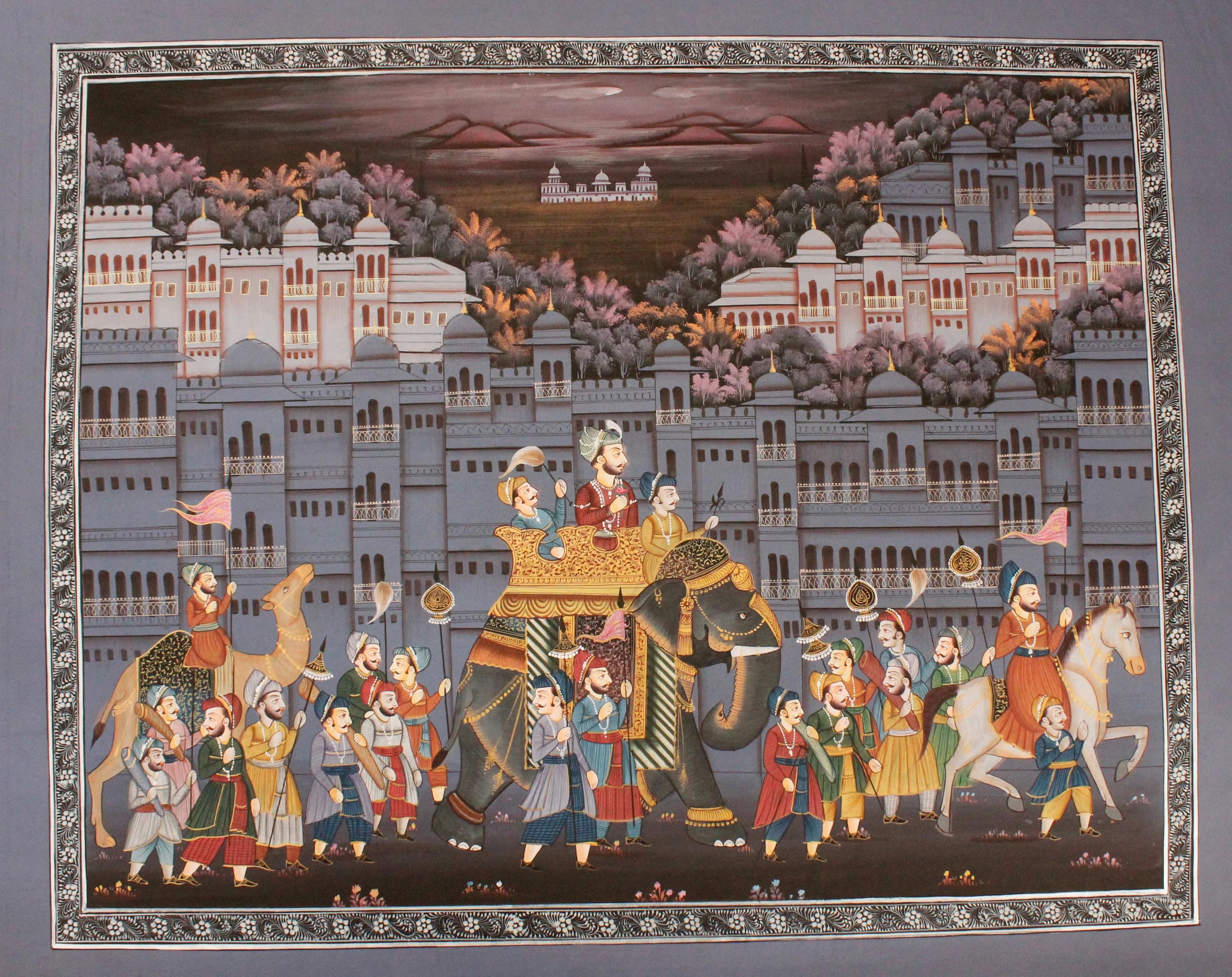 Indian Miniature Painting Of Maharaja Royal Procession Art On Silk Cloth 22x18 Inches | Rajput Maharaja Procession Painting For Wall Decor - image 3