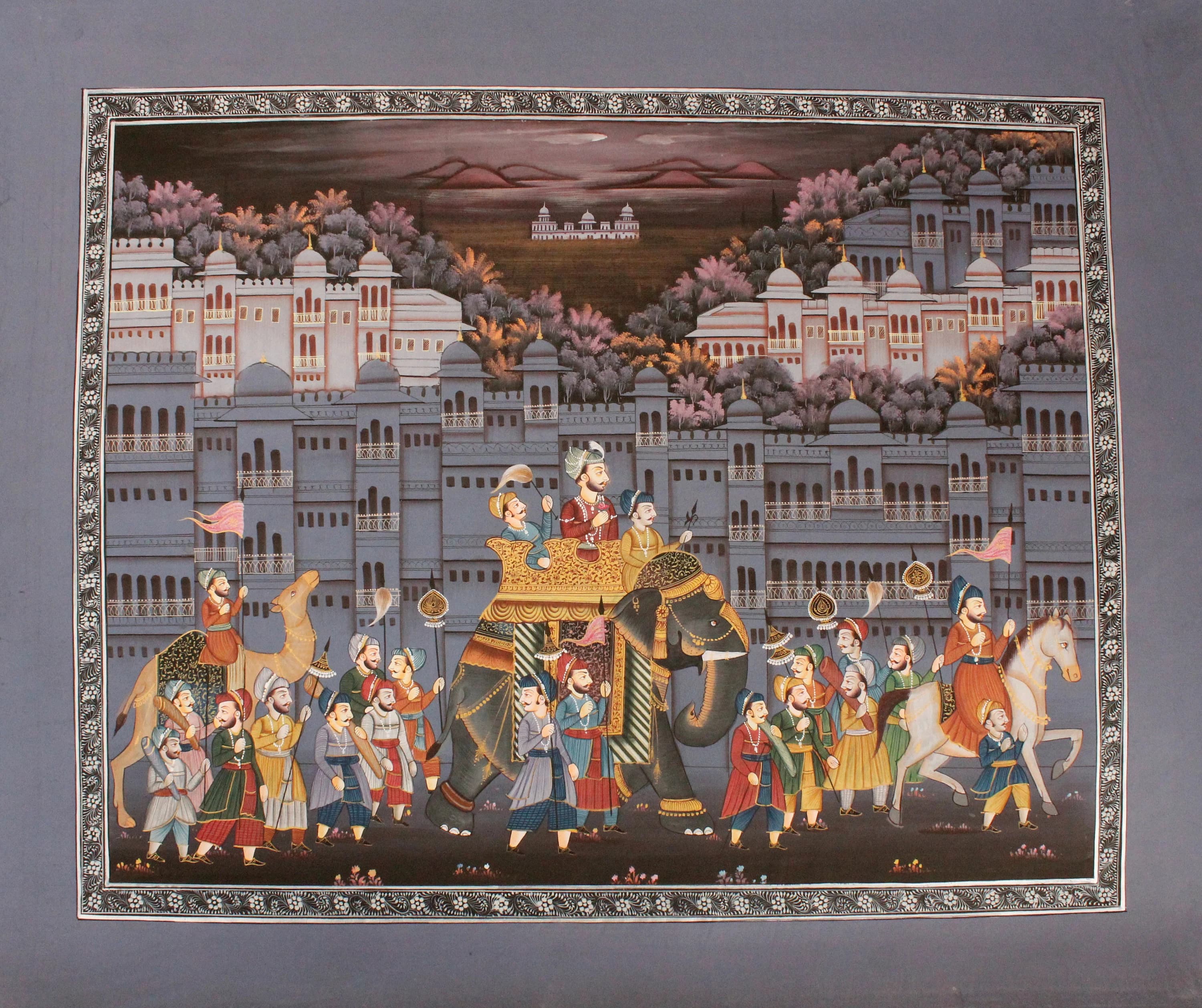 Indian Miniature Painting Of Maharaja Royal Procession Art On Silk Cloth 22x18 Inches | Rajput Maharaja Procession Painting For Wall Decor