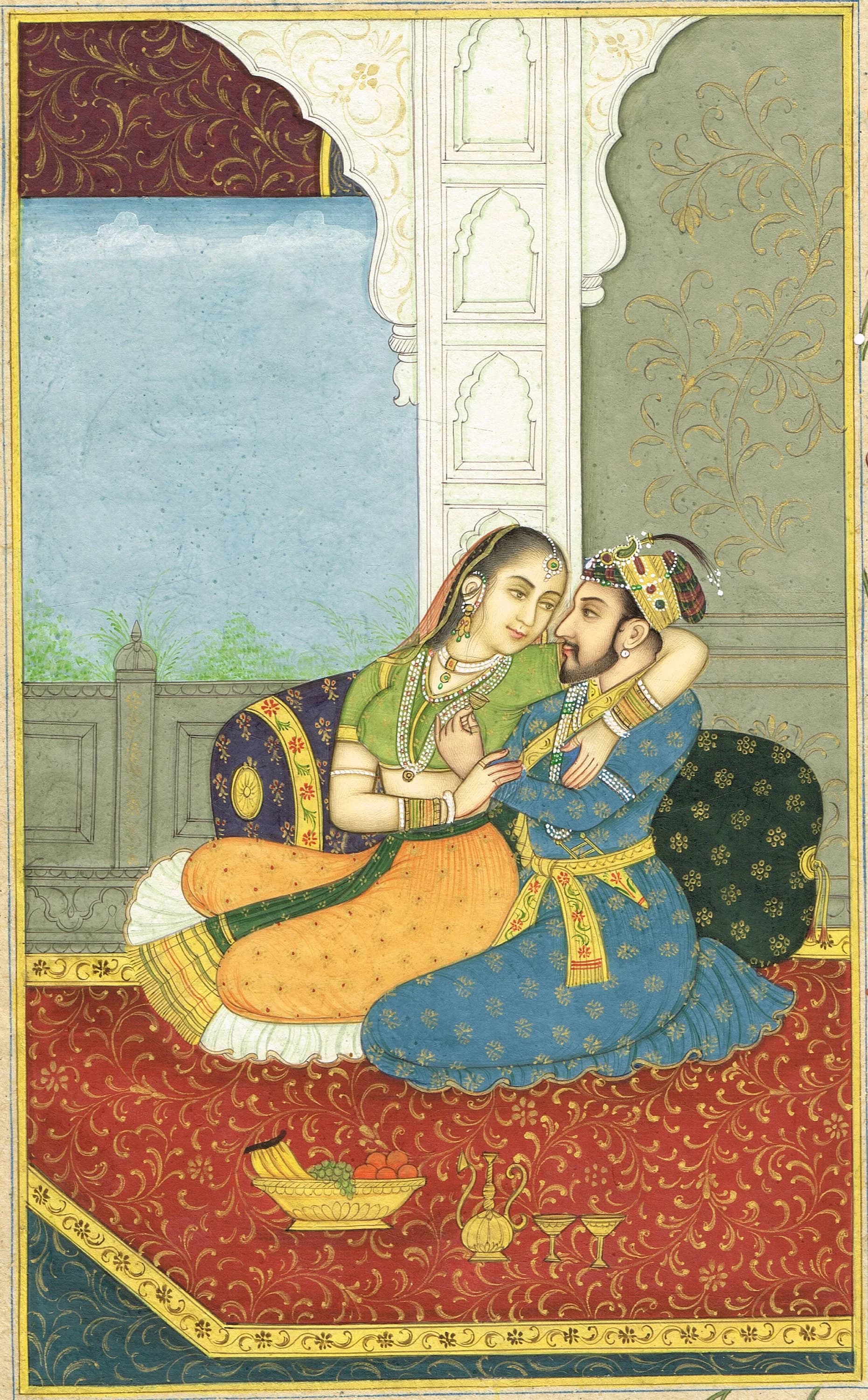 Mughal Art Painting: Shahjahan and Mumtaz Love Scene, Vintage Indian Miniature - image 4