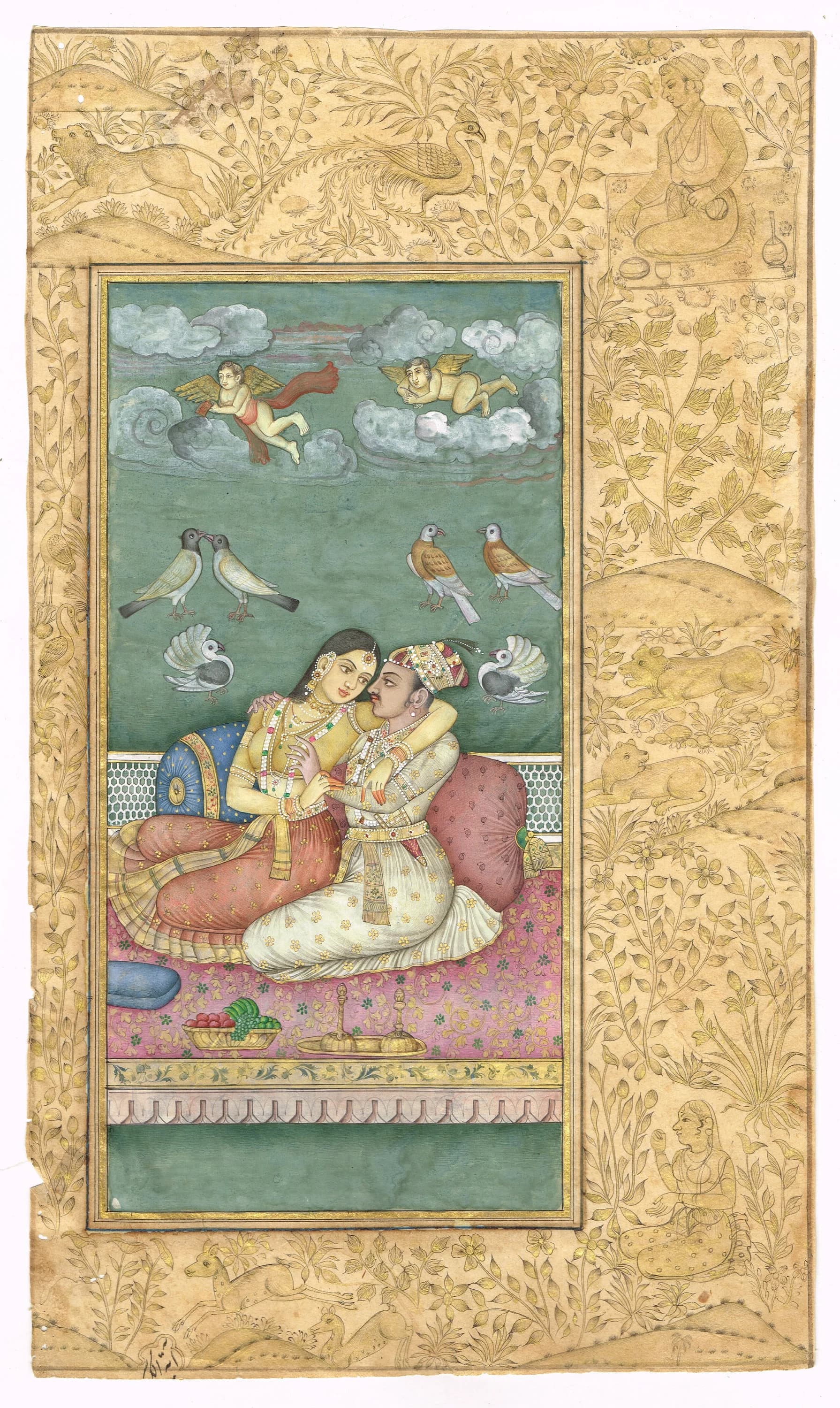 Mughal Miniature Painting: Akbar and Jodha Bai Love Scene (6x10 Inches)