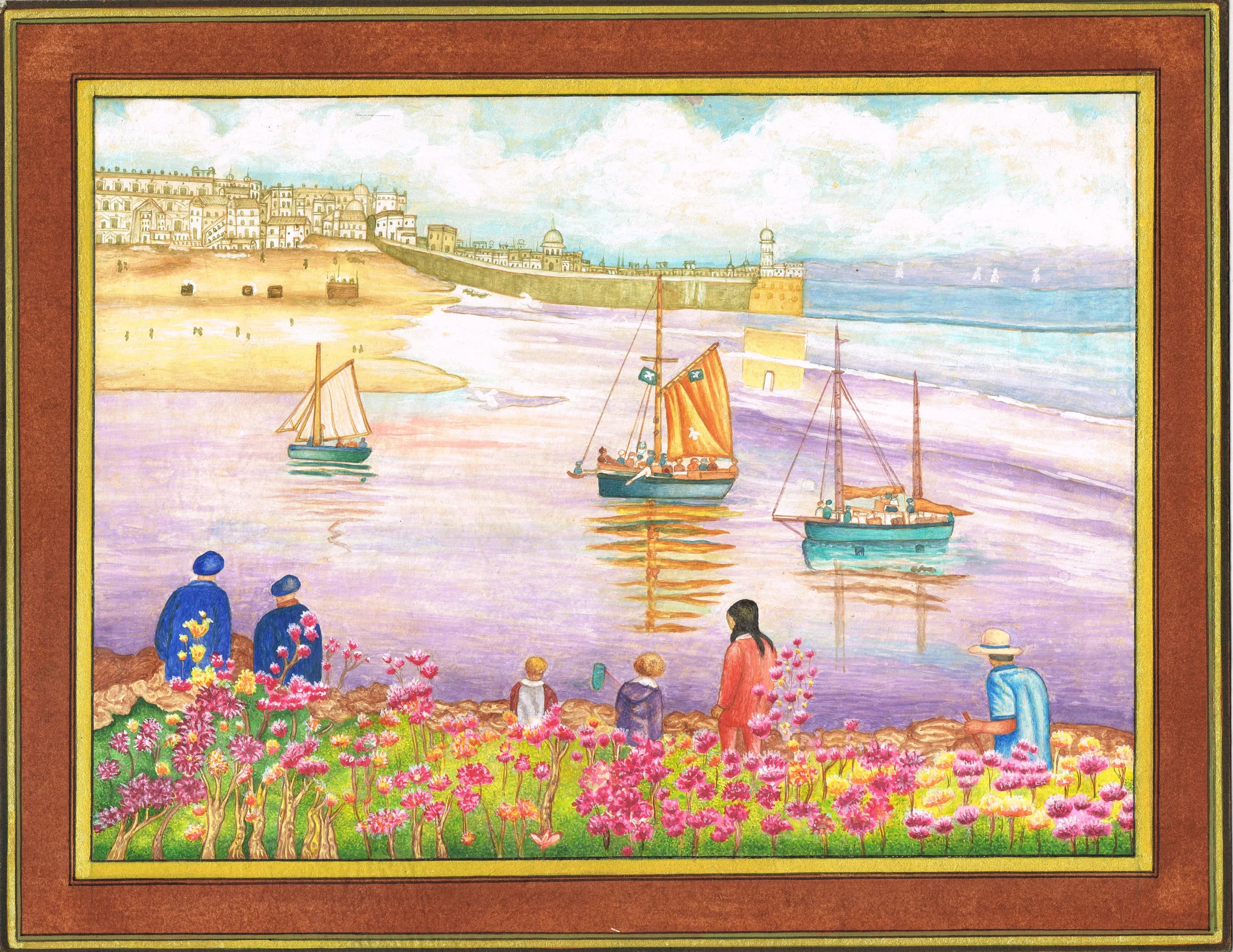 Handmade Folk Art Painting: Coastal Scene with Gold Ink (13.5x10.5 Inches) - image 3