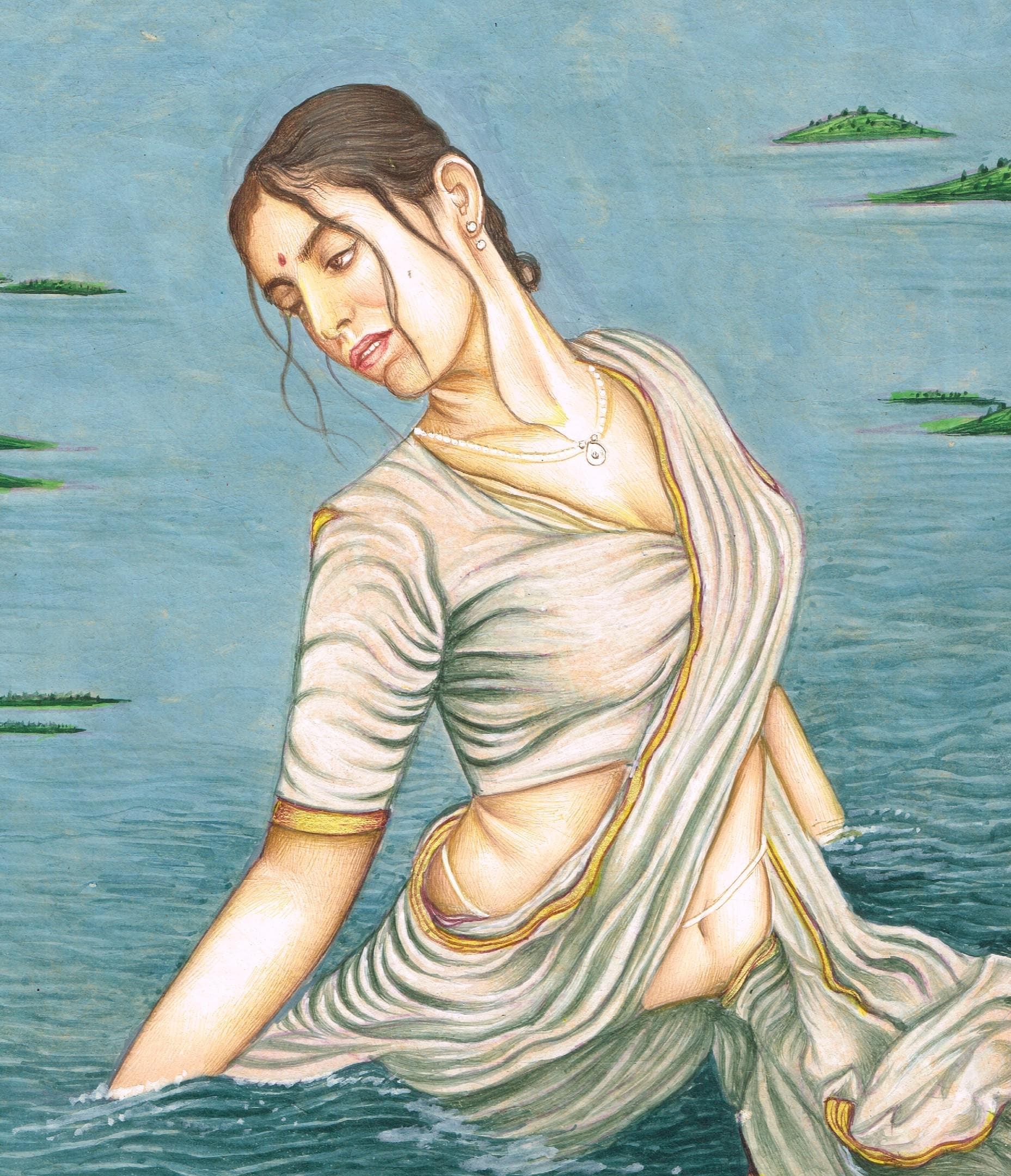 Handmade Lady Painting Of A Woman Enjoying In The Lake Fine Art On Paper For Wall 7x10 Inches | Indian Lady Painting For Wall Hanging Gift - image 5