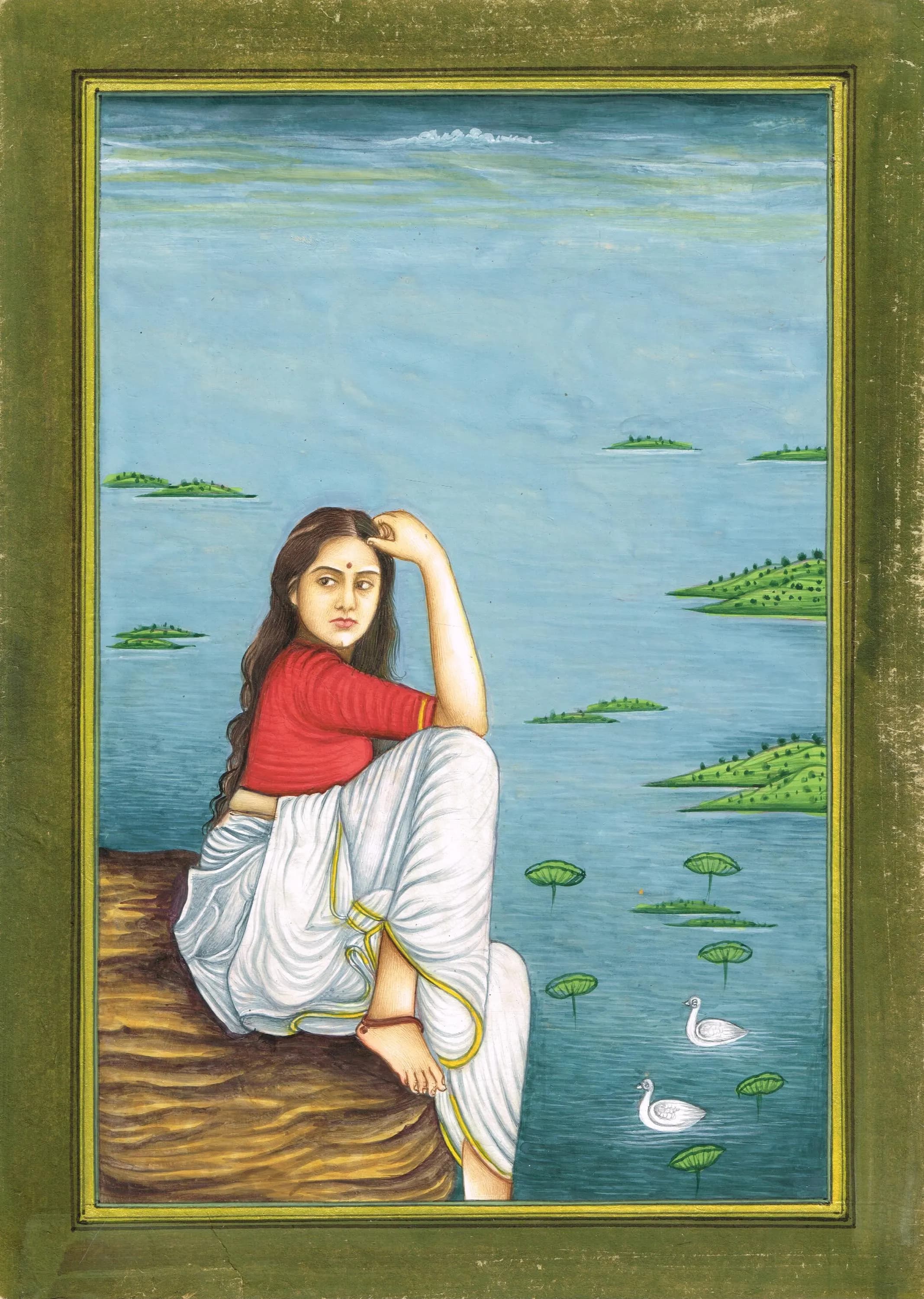 Handmade Indian Miniature Painting: Woman by Lake, Fine Art (7x10 Inches) - image 3