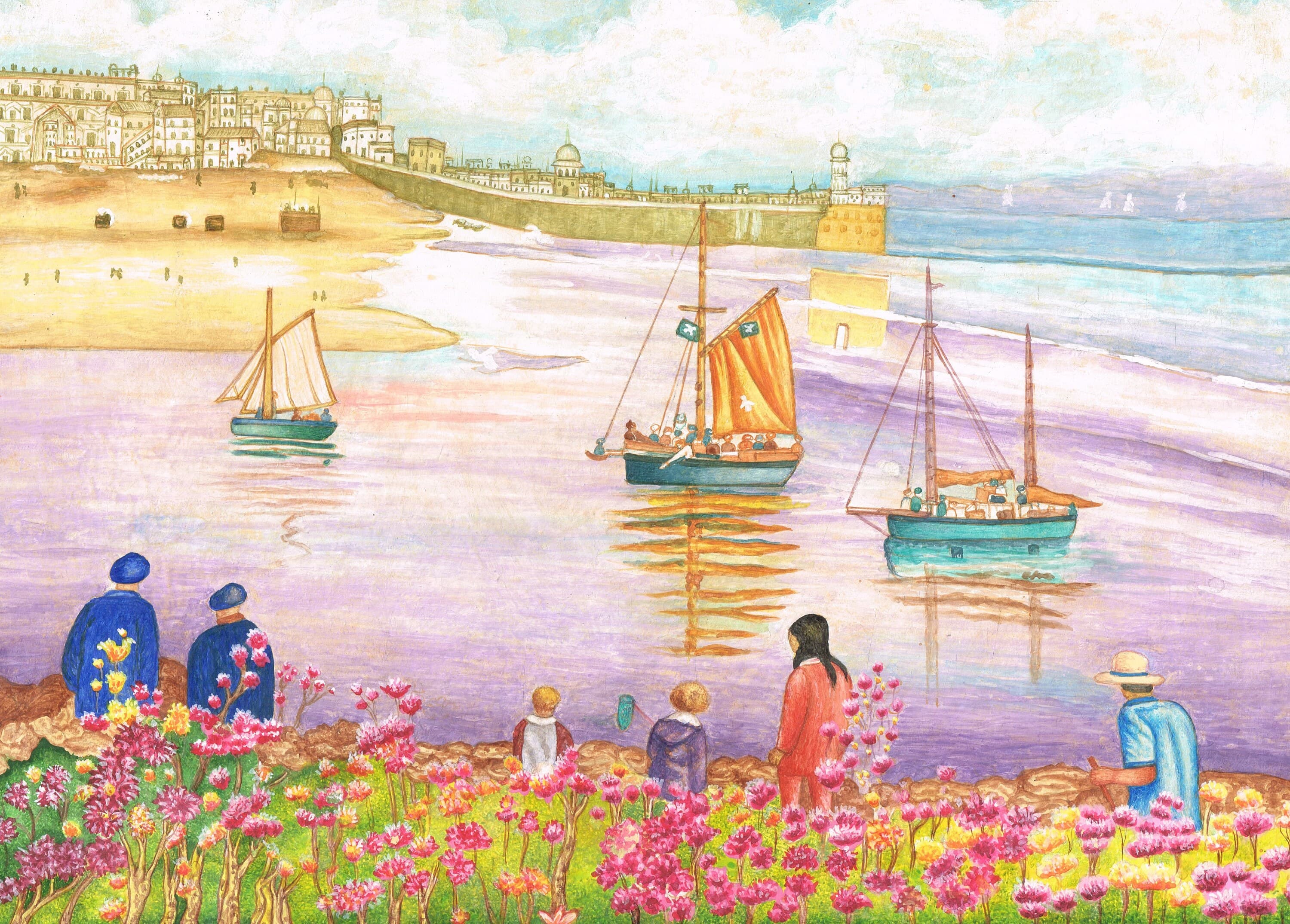 Handmade Folk Art Painting: Coastal Scene with Gold Ink (13.5x10.5 Inches) - image 5