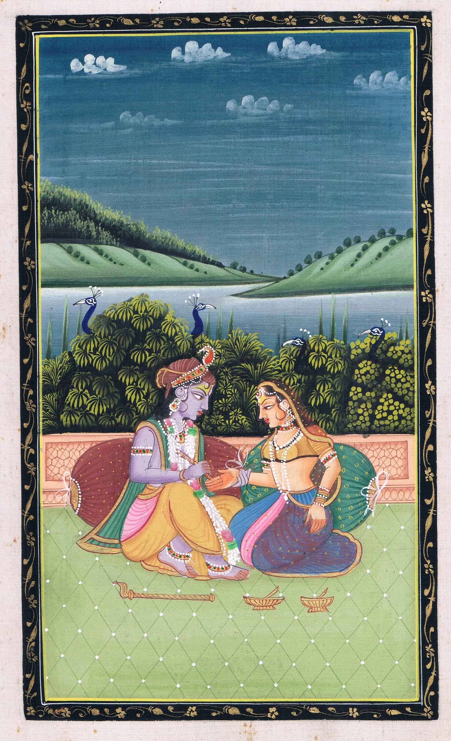 Radha Krishna Painting: Hand Miniature Indian Art on Silk (7x11 Inches) - image 4