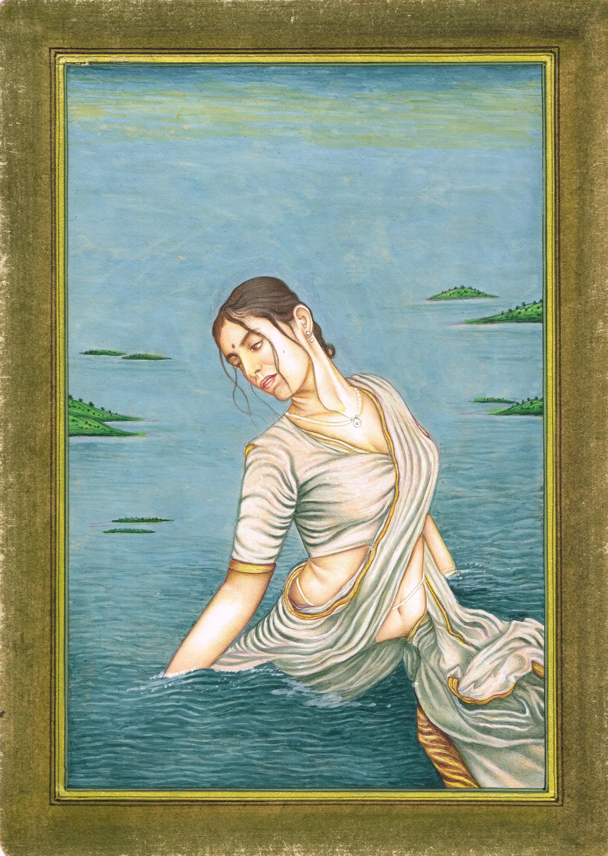 Handmade Lady Painting Of A Woman Enjoying In The Lake Fine Art On Paper For Wall 7x10 Inches | Indian Lady Painting For Wall Hanging Gift - image 3