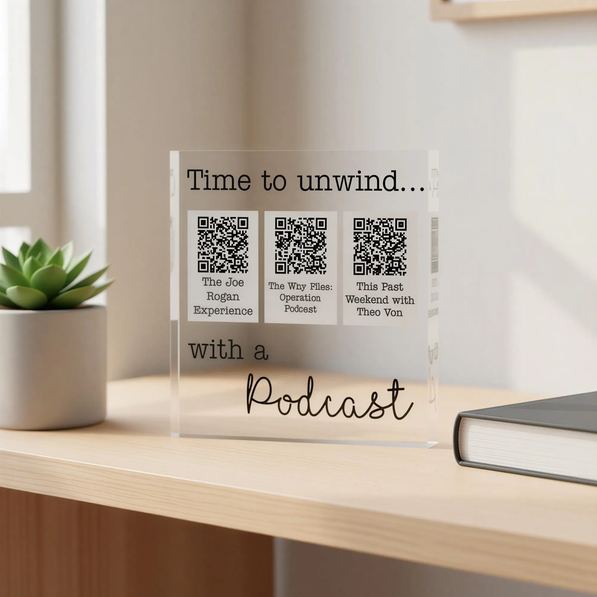 Personalised Podcast Block | 3 QR codes | Time to unwind with a podcast | Personalized Gift | Custom Plaque