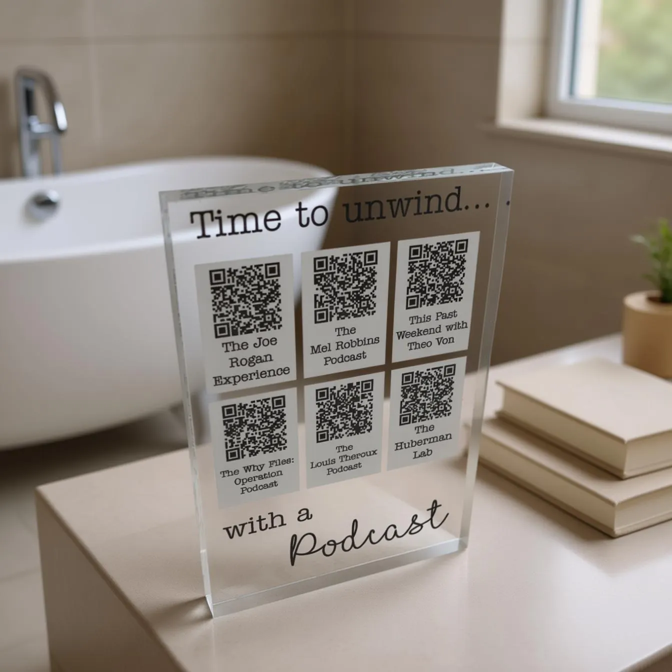 Personalised Podcast Plaque | 6 QR codes | Time to unwind with a podcast | Personalized Gift | Custom Plaque