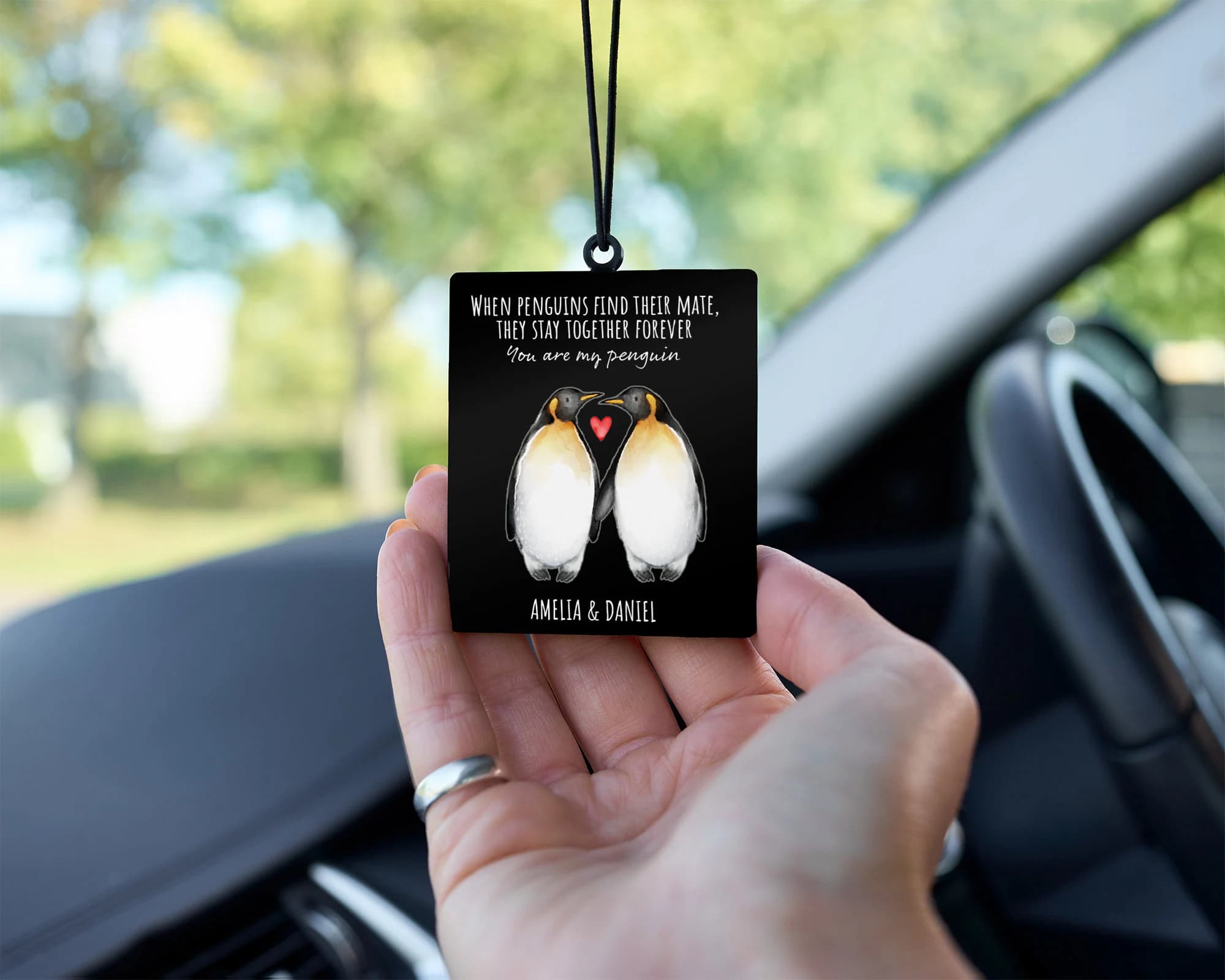 Personalised Love Penguin Car Tag, Car Photo Gift for Boyfriend Husband, Wife, Anniversary, Valentines, Christmas Gift, Photo Car Gift
