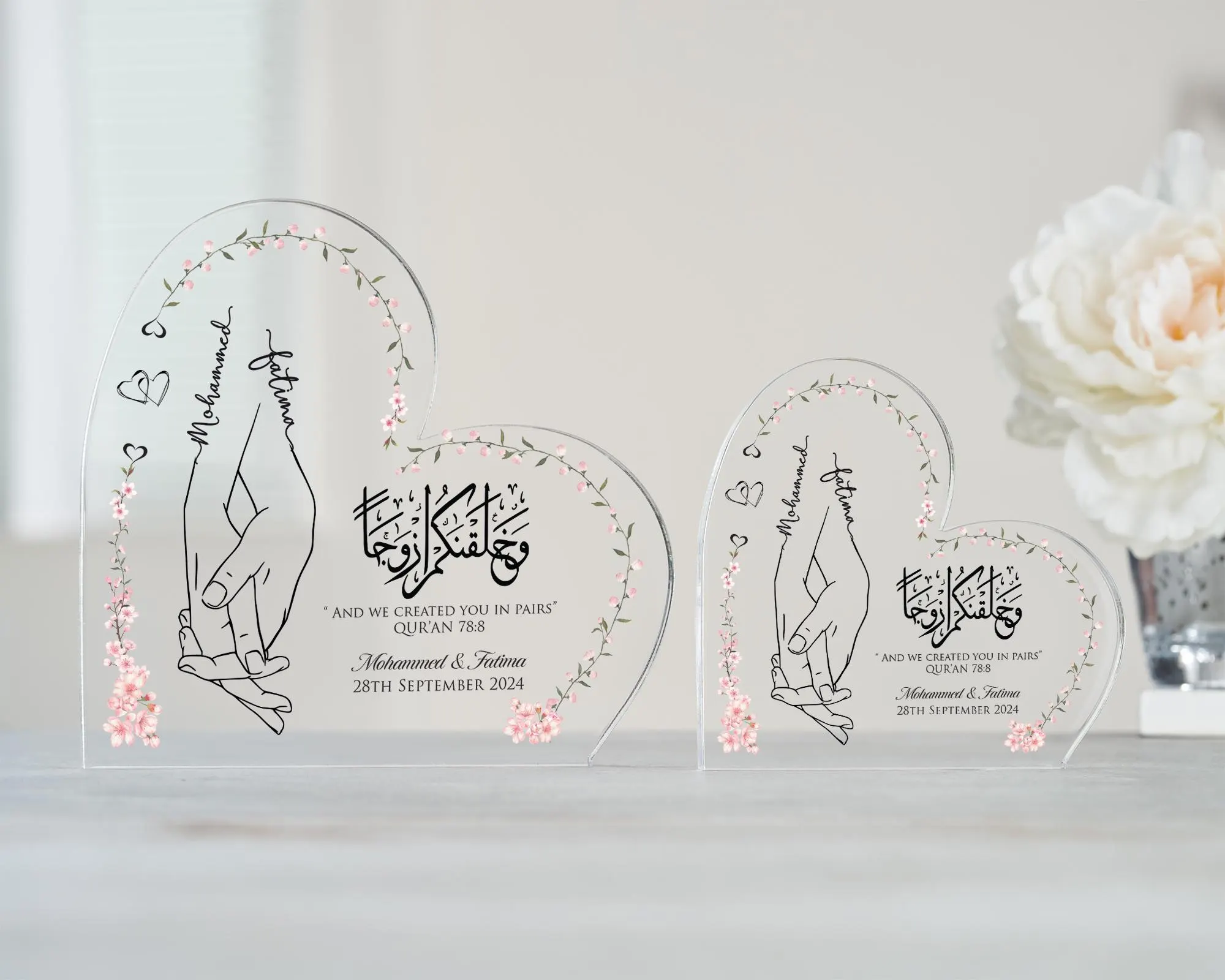 Muslim Wedding Gift Heart Shaped Acrylic Plaque, And We Created You In Pairs, Nikah Gifts, Gift for Couples, Anniversary, Engagement - image 4