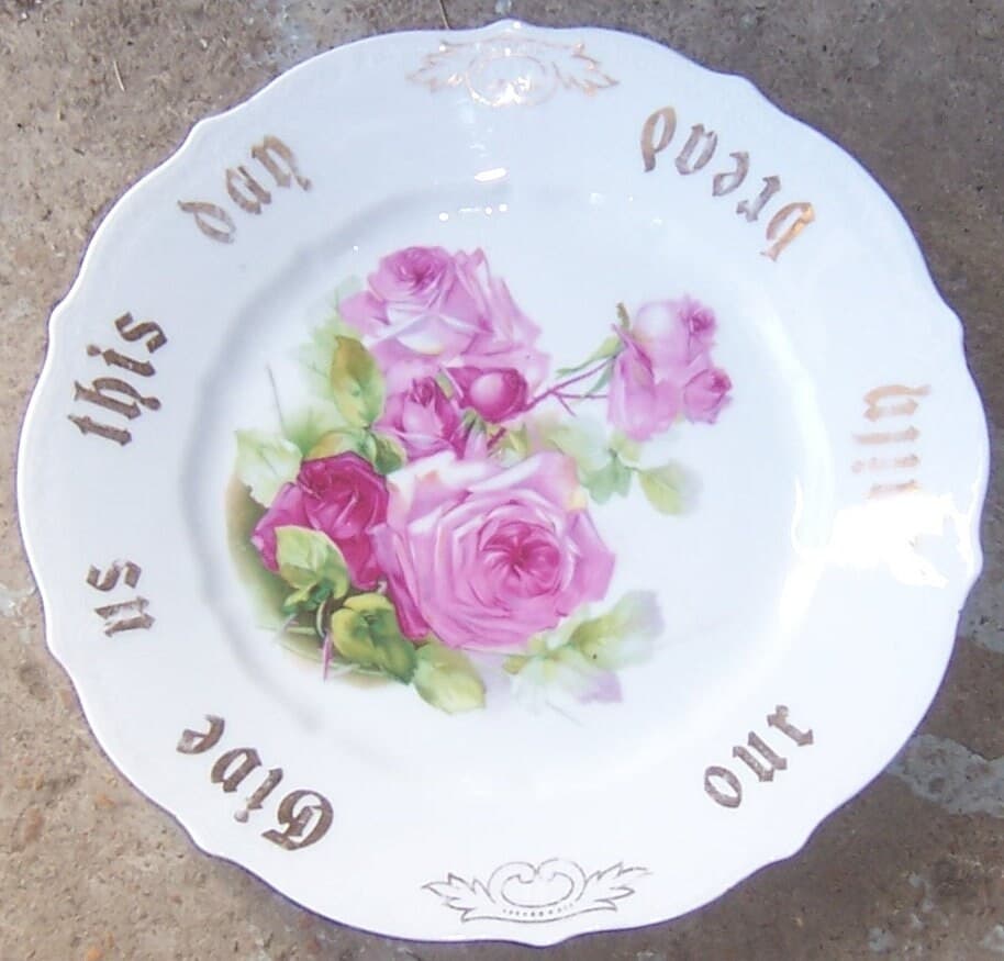 Give Us This Day Our Daily Bread Plate Pink Rose Decorative Plate CT Altwasser German China Antique