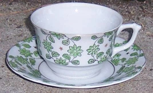 Hadson China Occupied Japan Cup and Saucer Green Leaves, Brown Leaves Gold Stars, Gold Trim Vintage Tableware