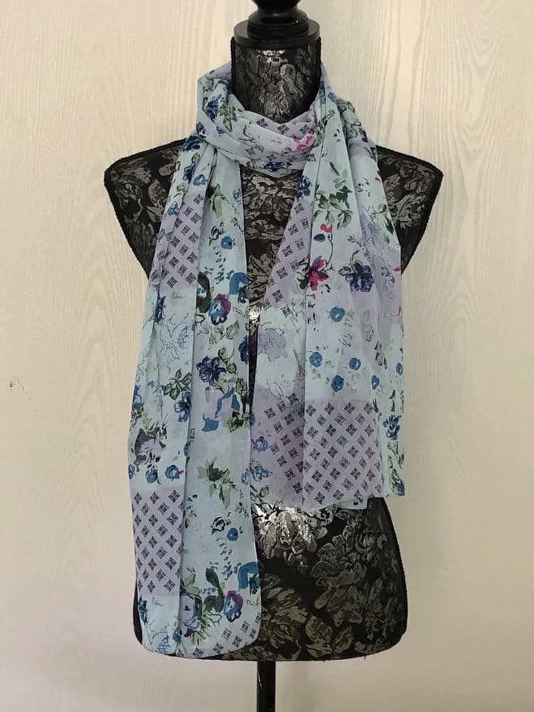BLUE CHIFFON SCARF, Flower Print, Long stole, Shawl, Neck Scarf, Hijab, Head Wrap, Gift For Her.