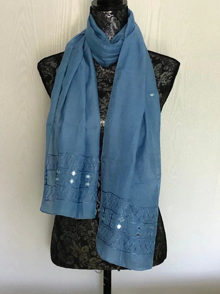 EMBROIDERED SCARF For Women, Solid Colour Light Blue Viscose Silk Shawl, Stole, Hijab, Shoulder Wrap, gift for Her