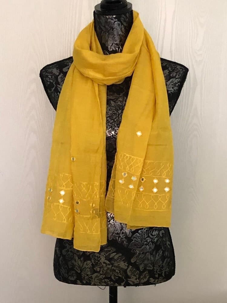 EMBROIDERED SCARF For Women, Solid Colour, Sunshine Yellow Viscose Silk Shawl, Stole, Hijab, Wrap, gift for Her